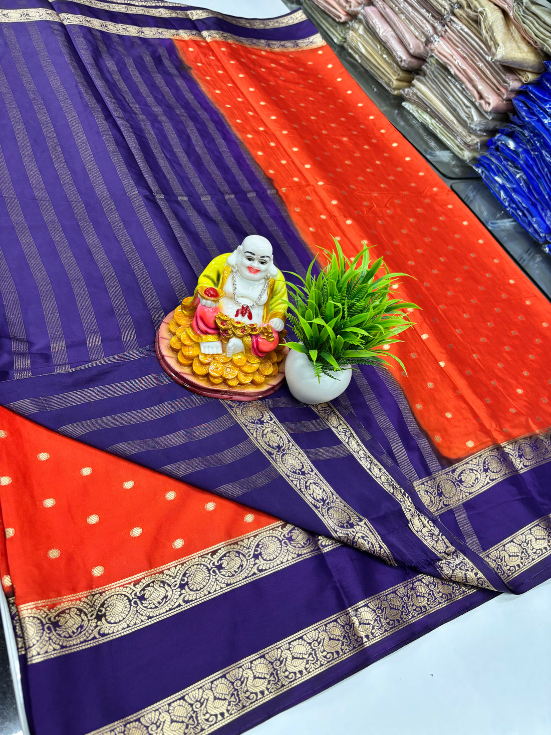 Semi Crepe Saree with Peacock Design in Orange and Purple