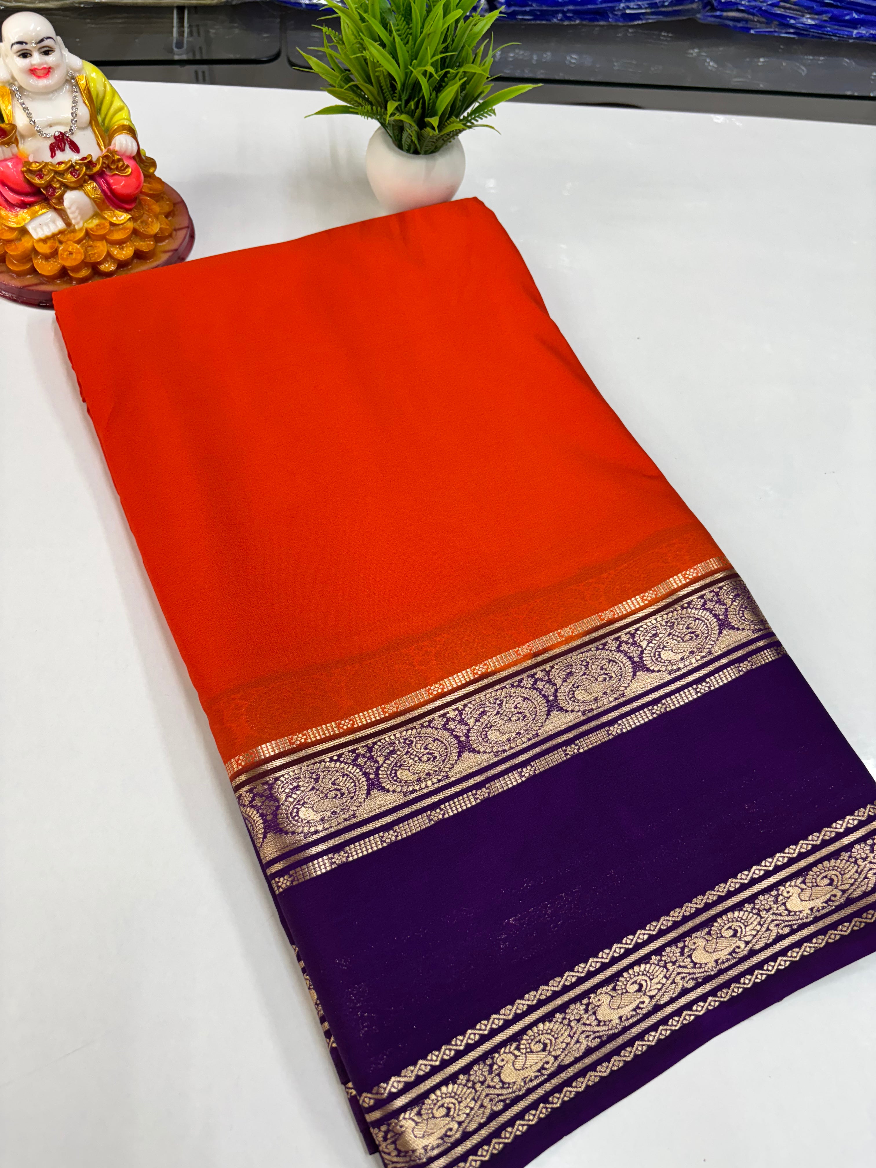 Elegant Semi Crepe Saree with Peacock Design and Contrast Color