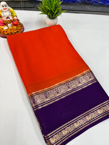 Elegant Semi Crepe Saree with Peacock Design and Contrast Color