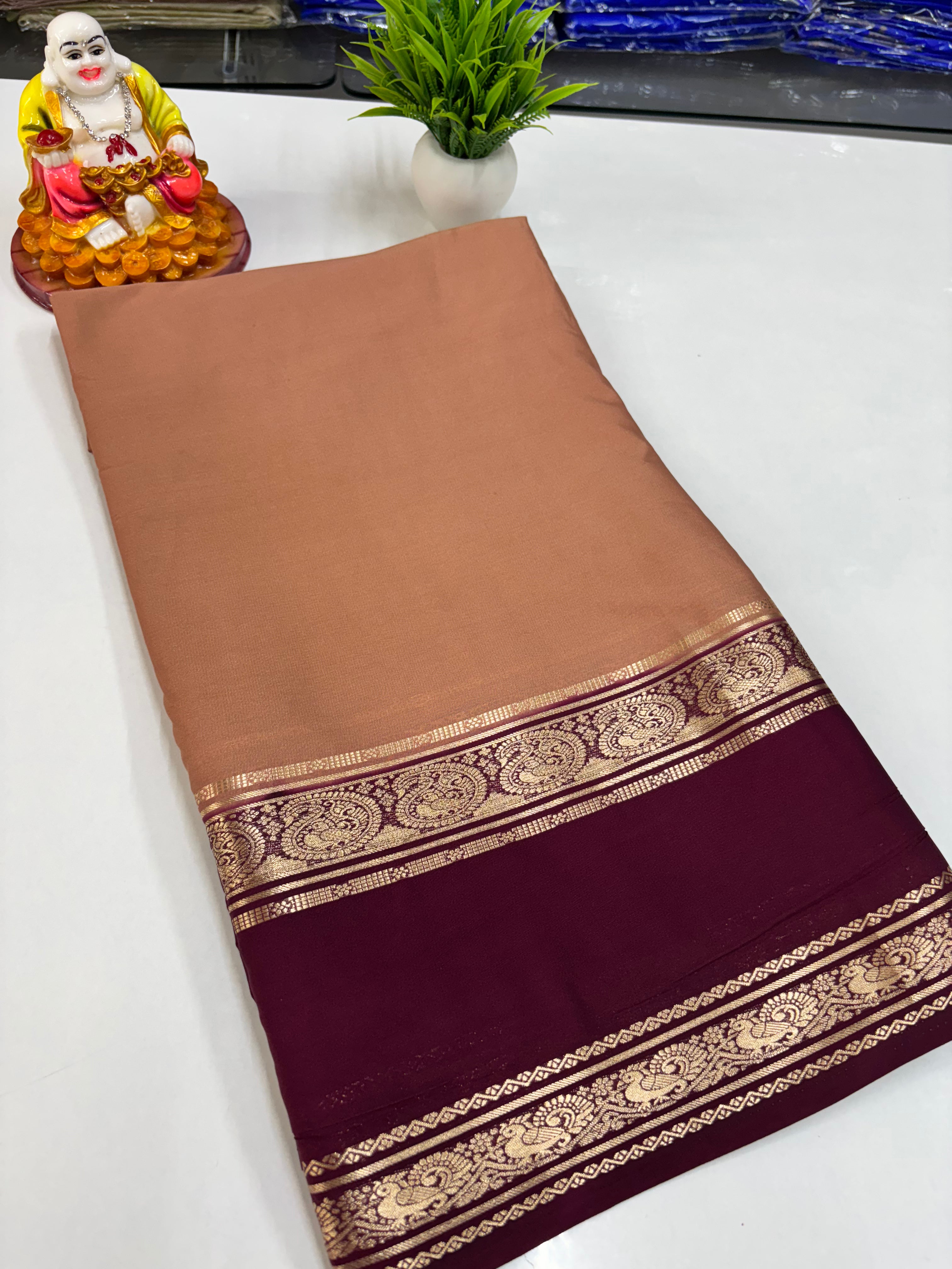 Elegant Semi Crepe Saree with Peacock Design and Contrast Color