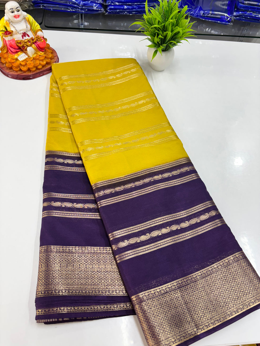 Elegant 2D Semi Crepe Saree with Small Mango Stripes – Padmavathi Silks and Sarees