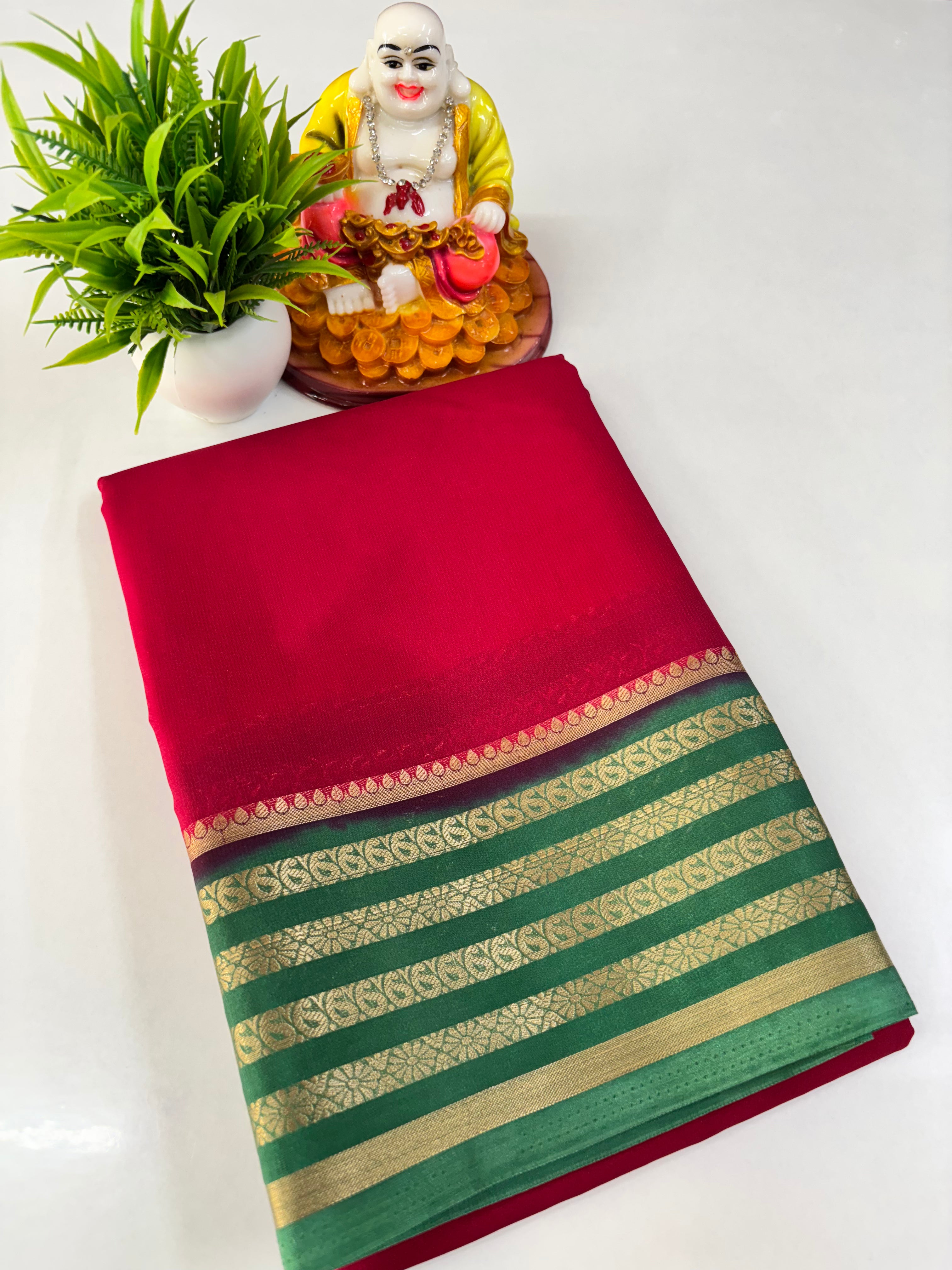 Semi Crepe Saree with Small Mango Border and Beautiful Contrast Colors
