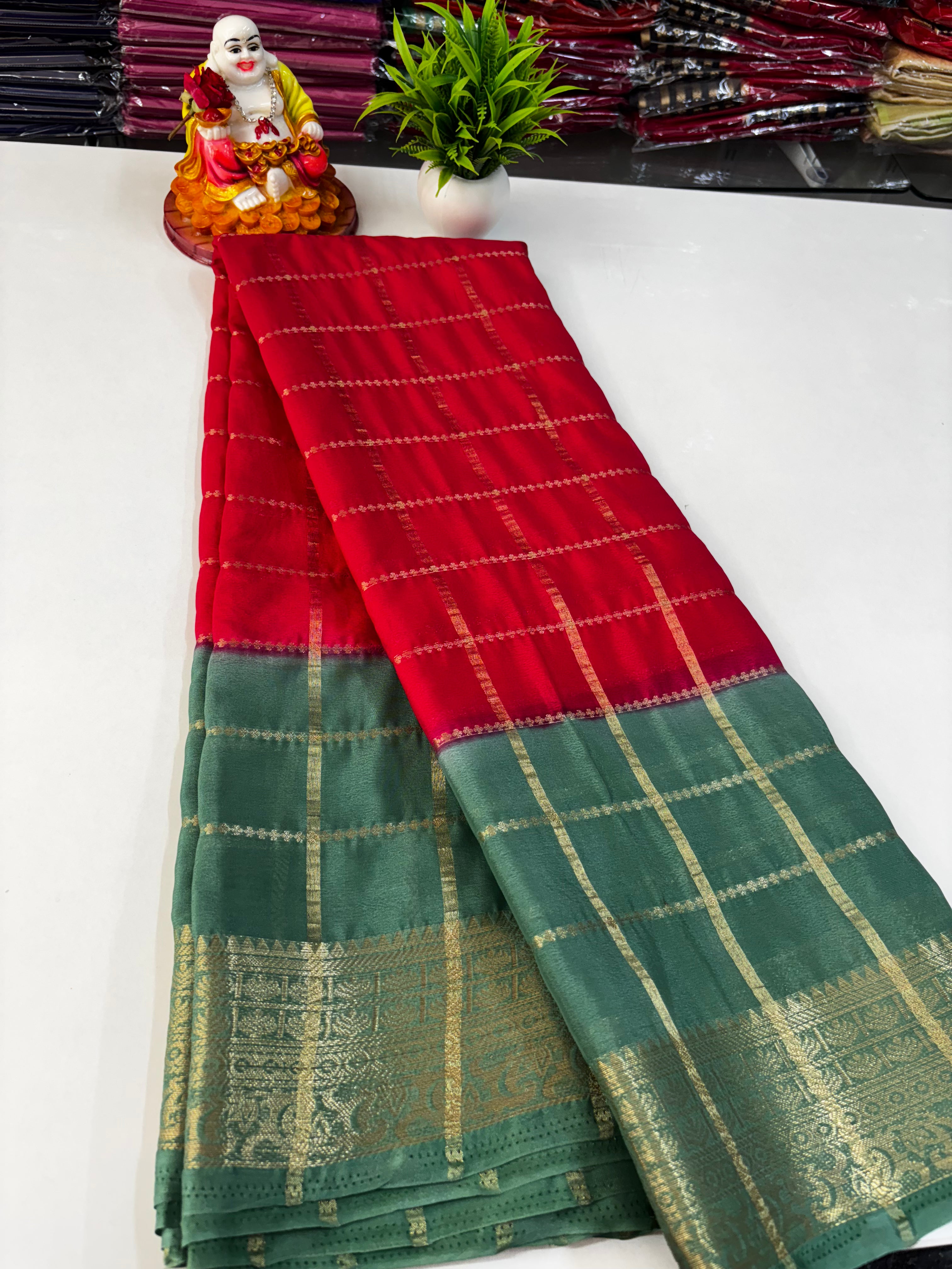 Crepe Chiffon Saree with Checks and Contrast Colors – Padmavathi Silks and Sarees