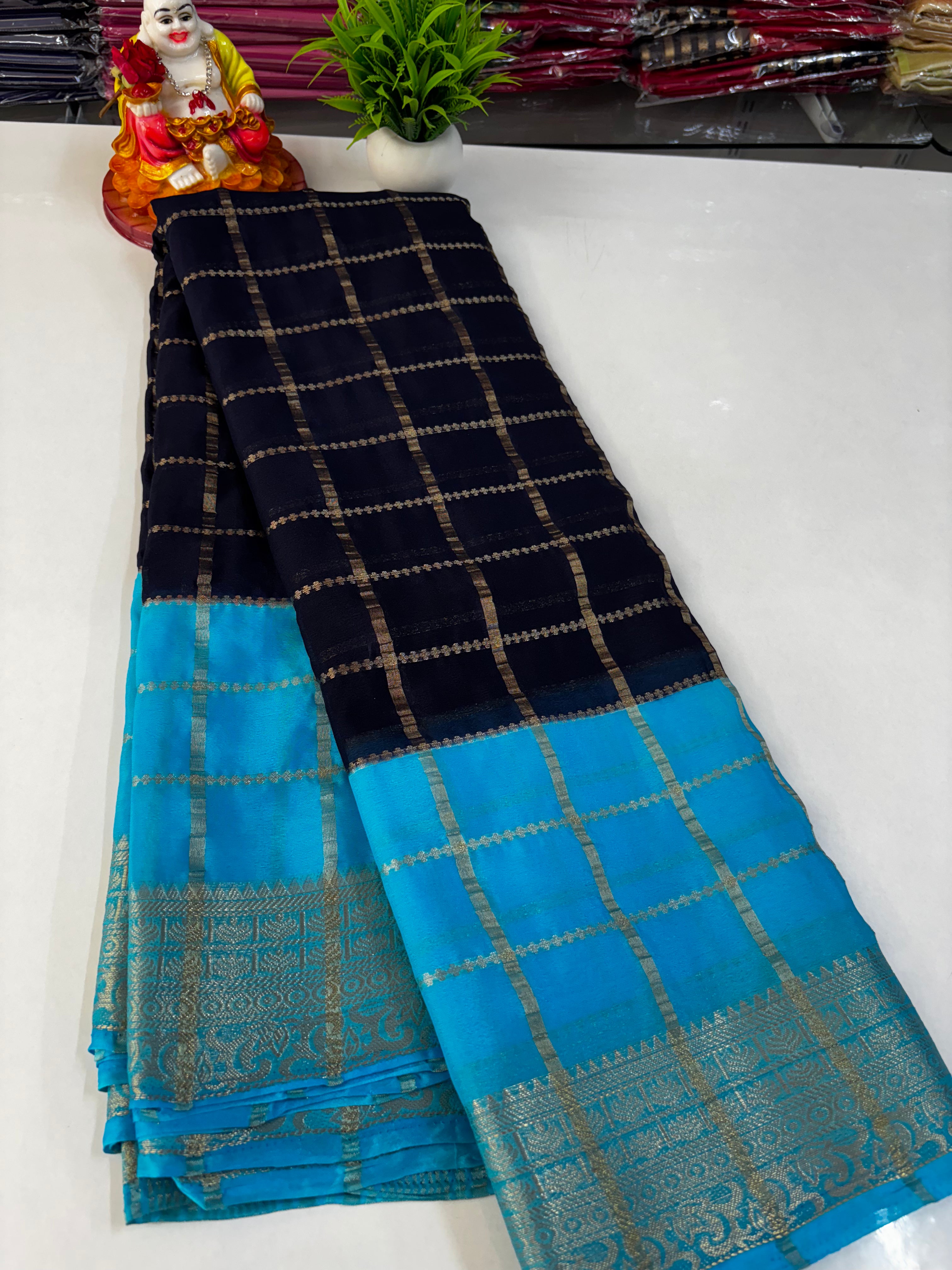 Crepe Chiffon Saree with Checks and Contrast Colors – Padmavathi Silks and Sarees