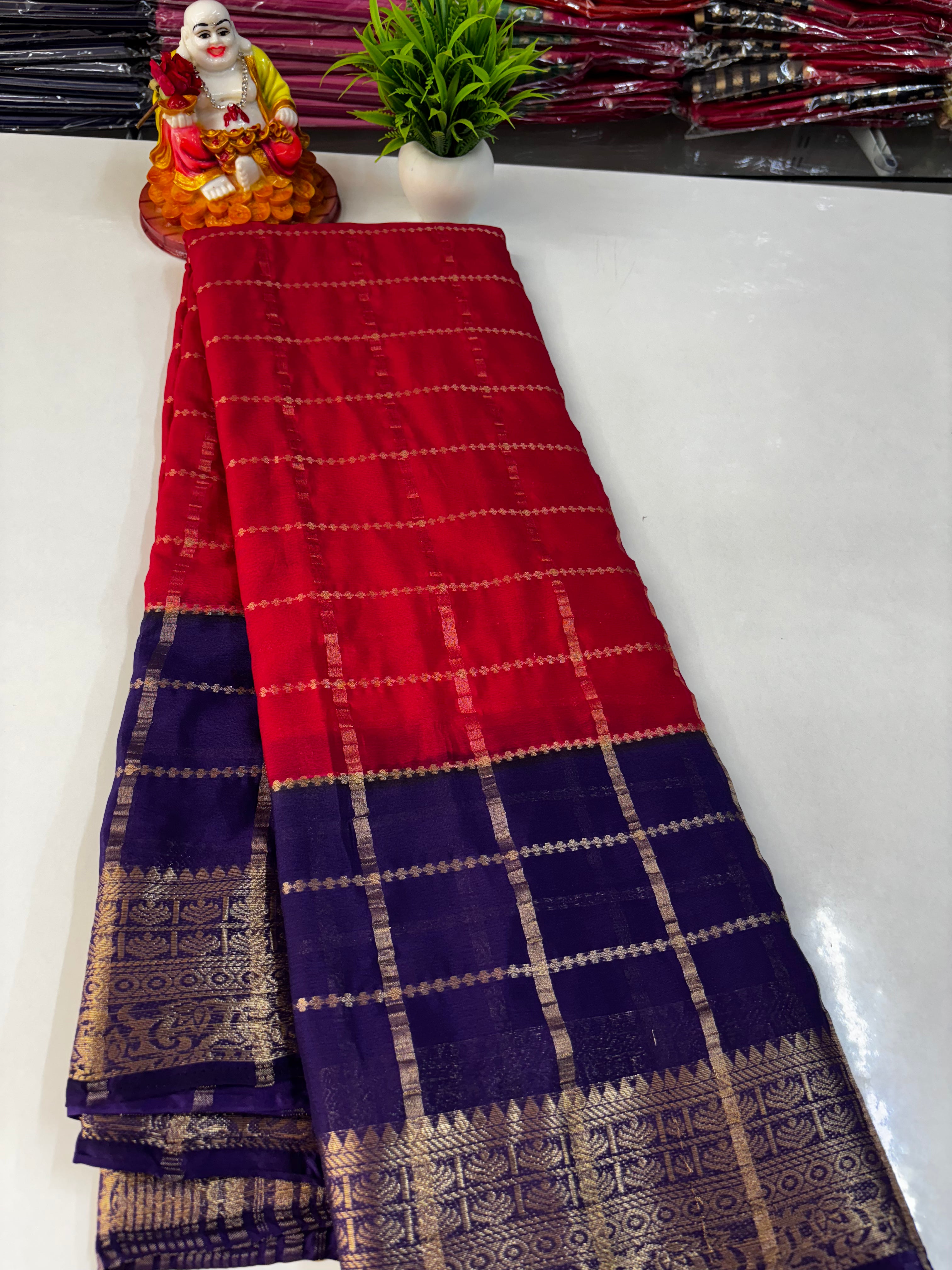 Crepe Chiffon Saree with Checks and Contrast Colors – Padmavathi Silks and Sarees