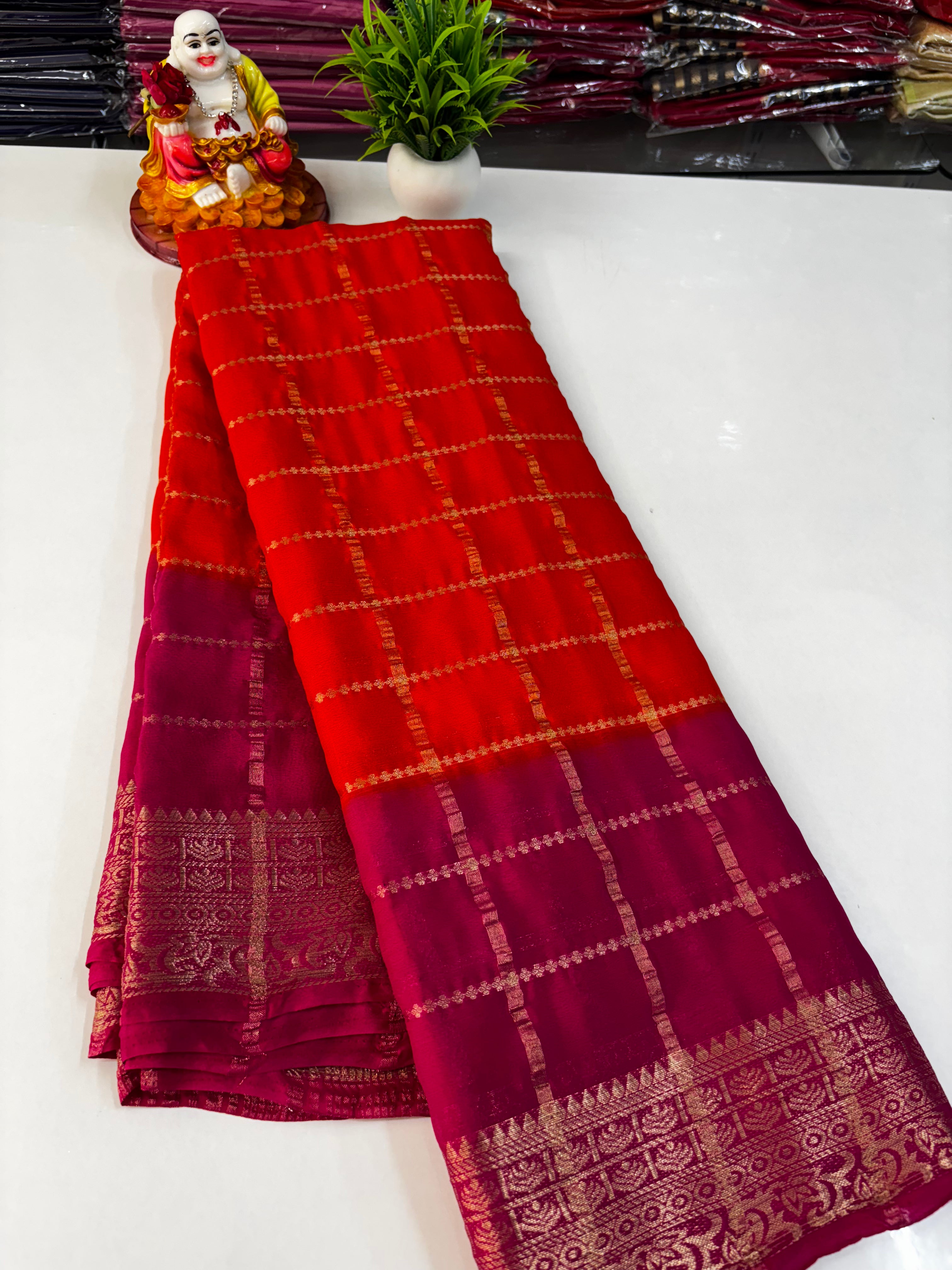 Crepe Chiffon Saree with Checks and Contrast Colors – Padmavathi Silks and Sarees