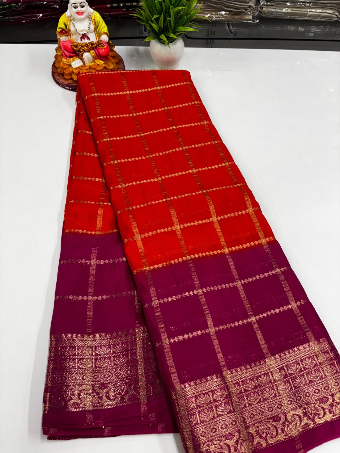 Crepe Chiffon Saree with Checks and Contrast Colors – Padmavathi Silks and Sarees