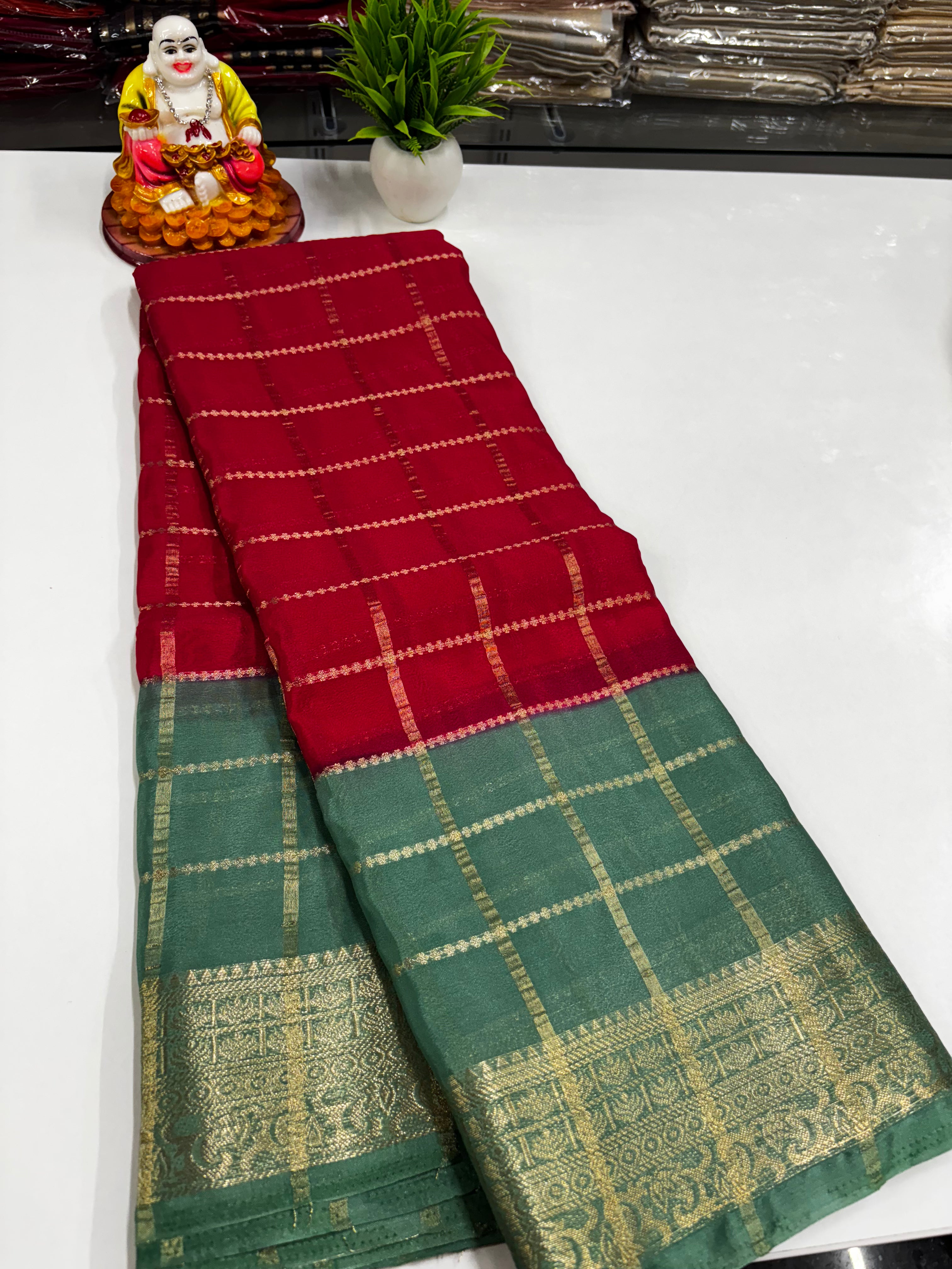 Crepe Chiffon Saree with Checks and Contrast Colors – Padmavathi Silks and Sarees