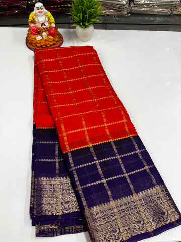Crepe Chiffon Saree with Checks and Contrast Colors – Padmavathi Silks and Sarees