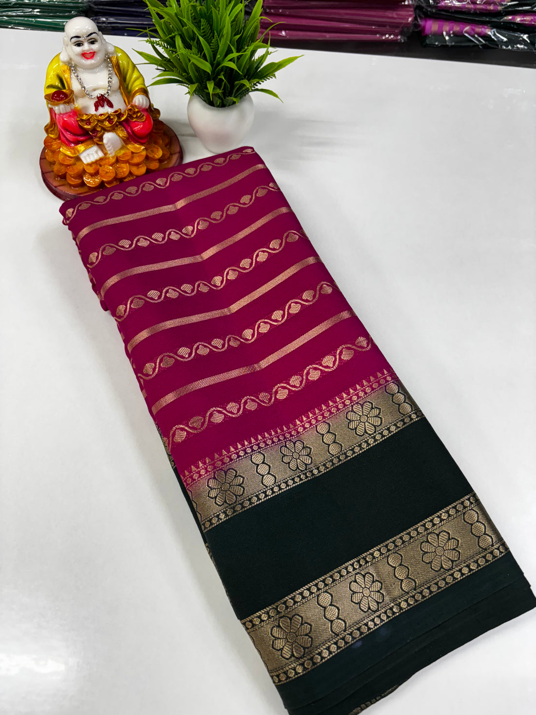 Elegant Semi Crepe Saree with Stripes and Contrast Colors – Padmavathi Silks and Sarees