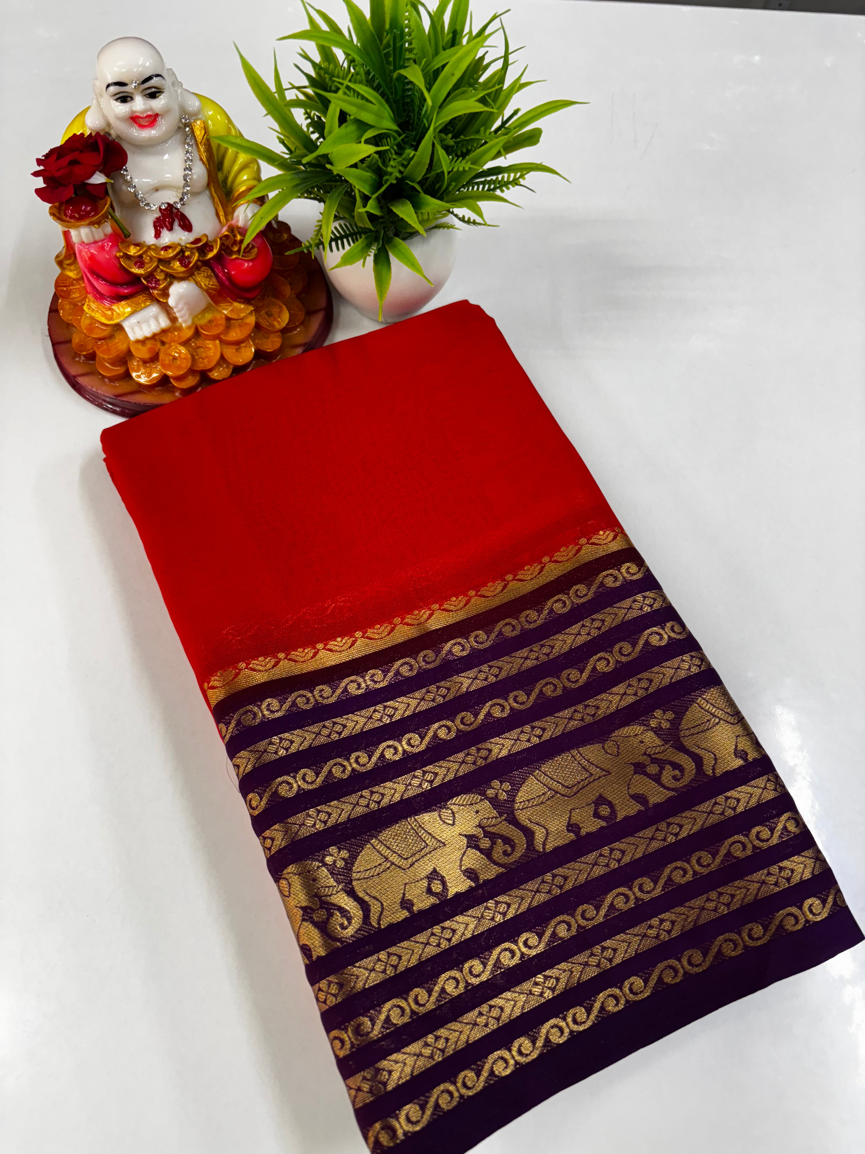 Elegant Semi Crepe Saree with Elephant Border – Padmavathi Silks and Sarees
