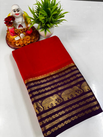 Elegant Semi Crepe Saree with Elephant Border – Padmavathi Silks and Sarees