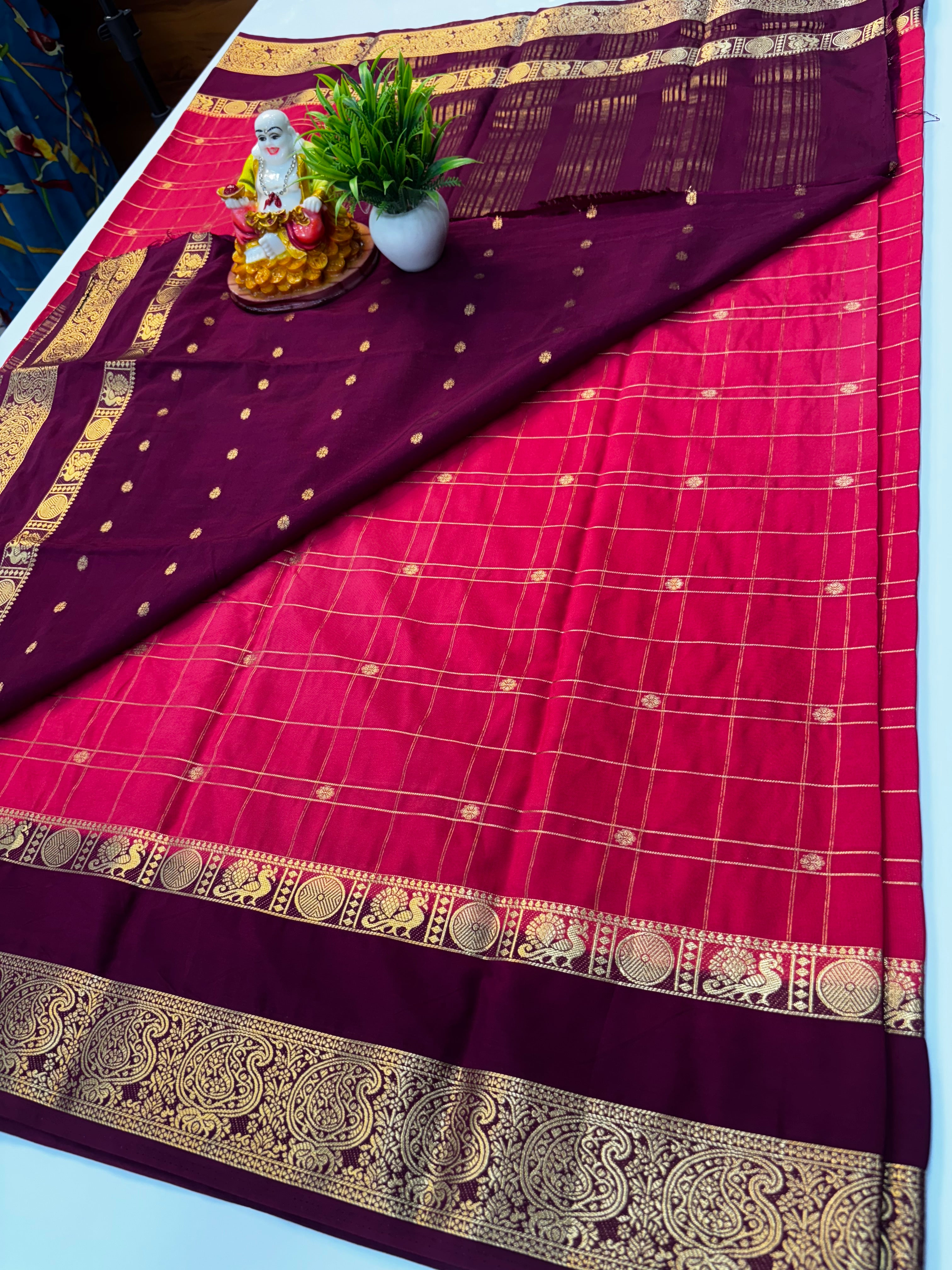 Premium Mysore Crepe Silk Saree with Chex Pattern &amp; Floral Buttas