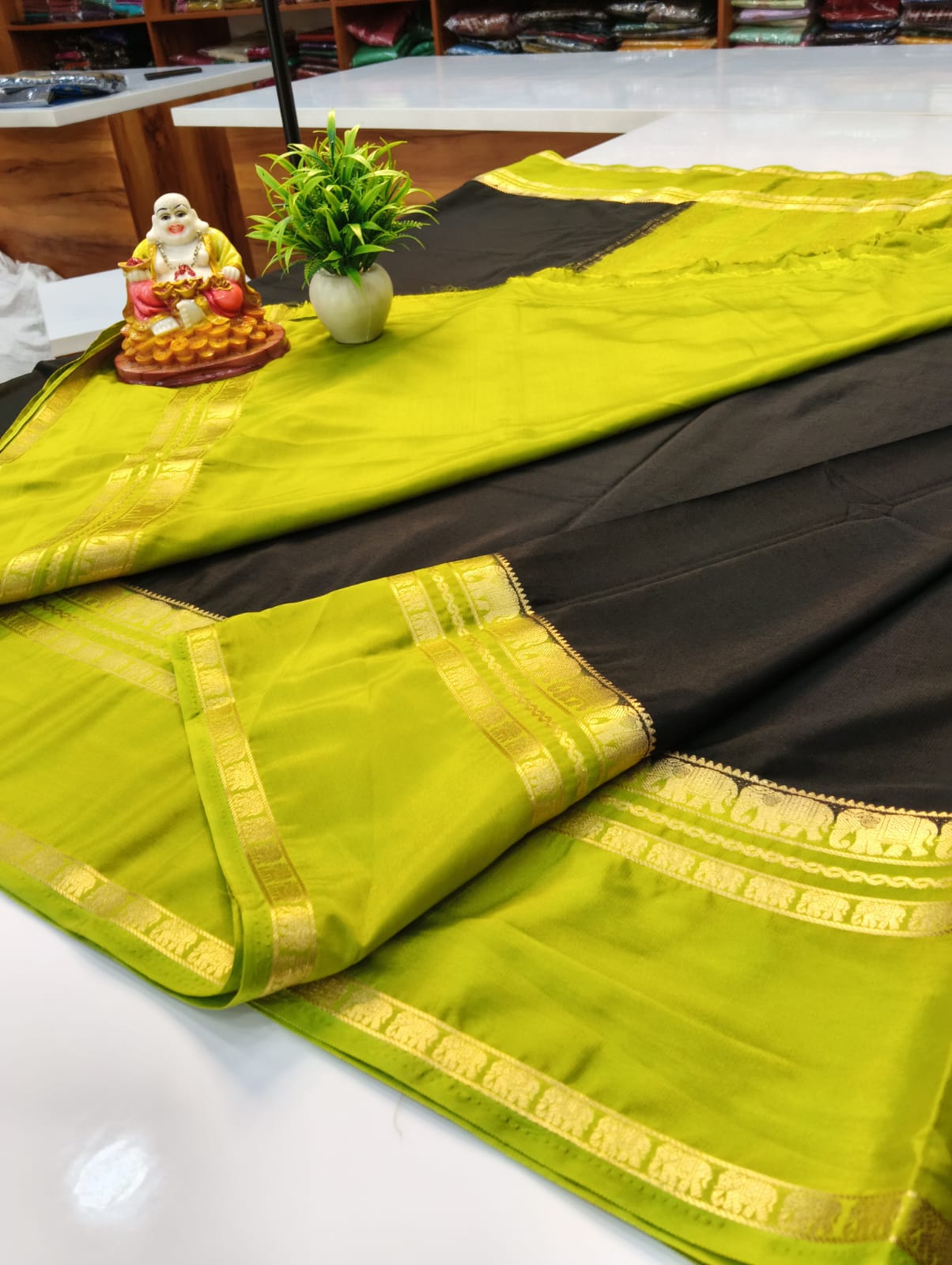 Premium Mysore Crepe Silk Saree with Elephant Bentex Border – By Padmavathi Silks and Sarees