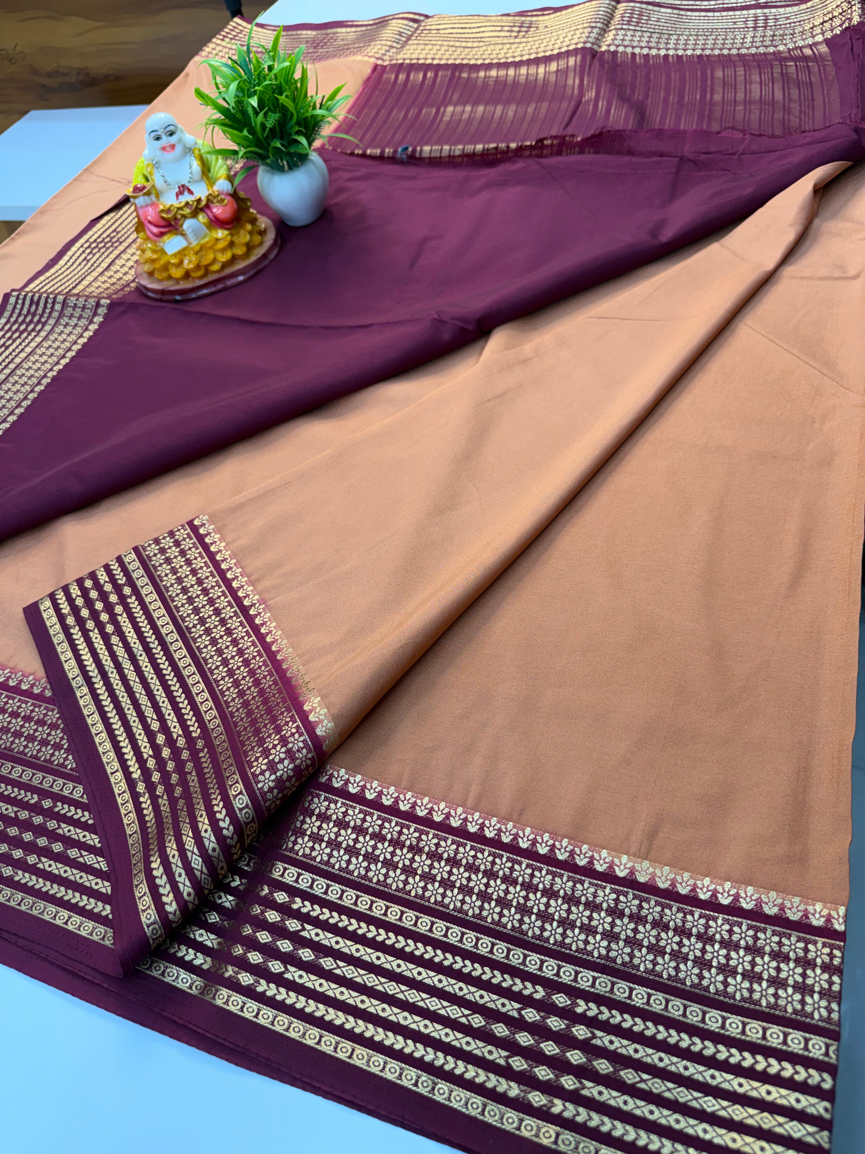 Mysore Crepe Silk Saree with Contrast Border – Elegant & Timeless  Product Description: