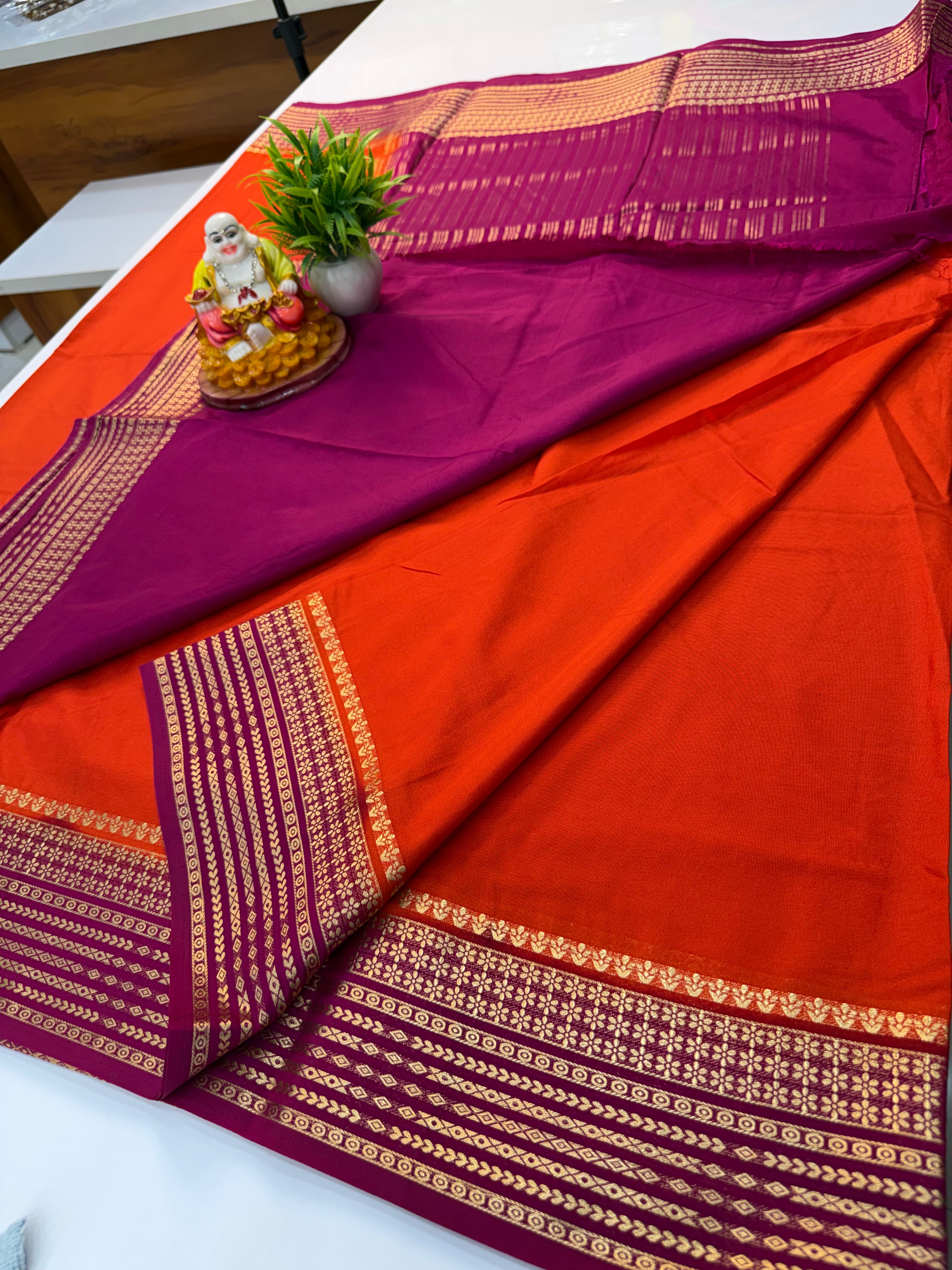 Mysore Crepe Silk Saree with Contrast Border – Elegant & Timeless  Product Description: