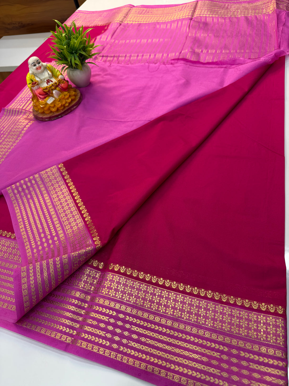 Mysore Crepe Silk Saree with Contrast Border – Elegant & Timeless  Product Description: