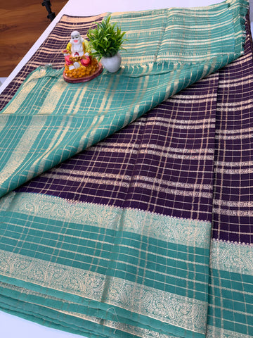 Mysore Crepe Silk Saree with Beautiful Stripes & Checks Pattern – By Padmavathi Silks and Sarees