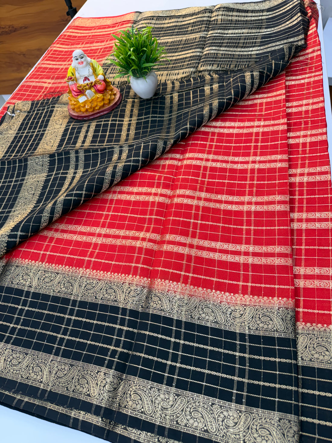 Mysore Crepe Silk Saree with Beautiful Stripes & Checks Pattern – By Padmavathi Silks and Sarees