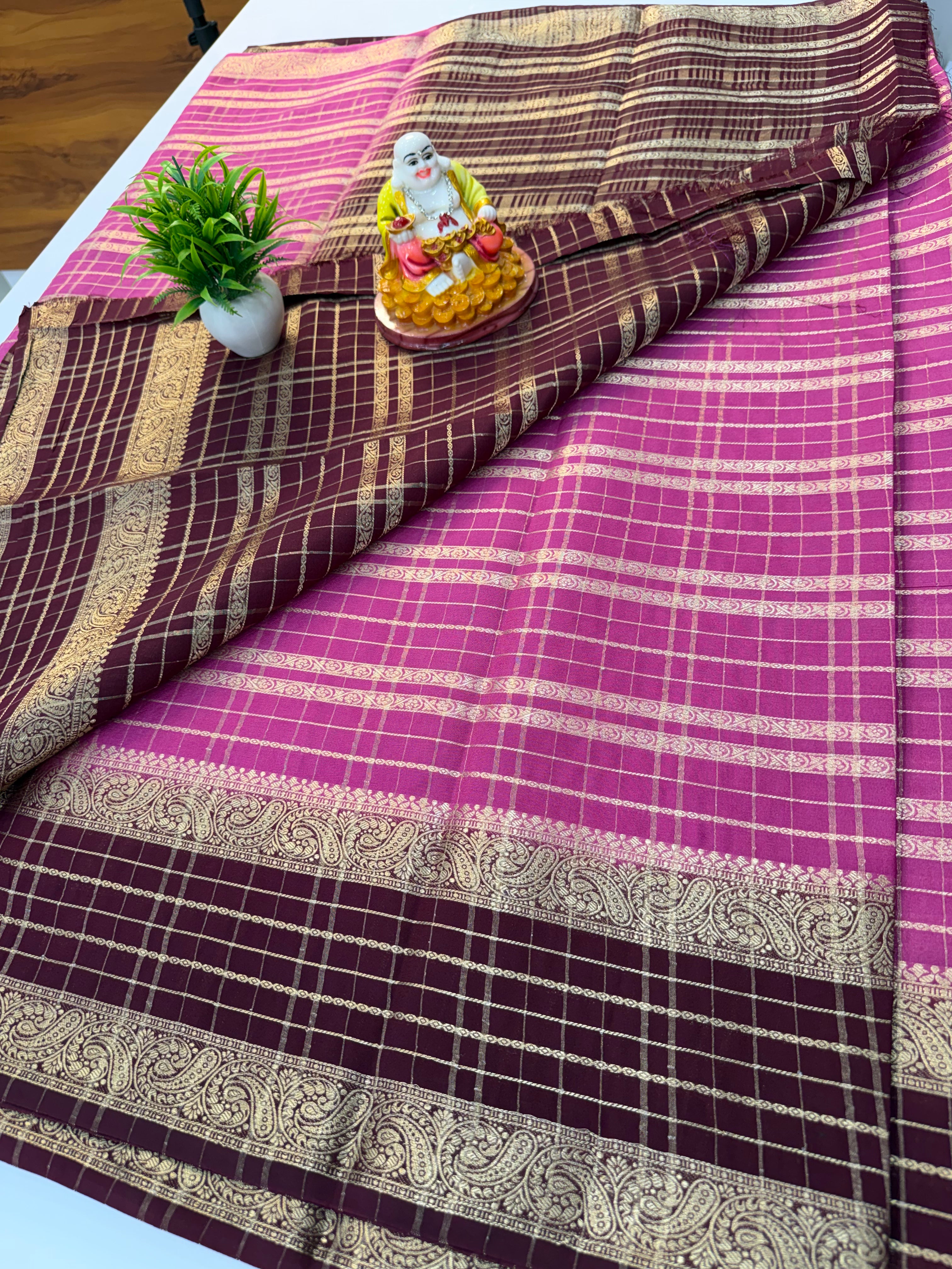 Mysore Crepe Silk Saree with Beautiful Stripes & Checks Pattern – By Padmavathi Silks and Sarees