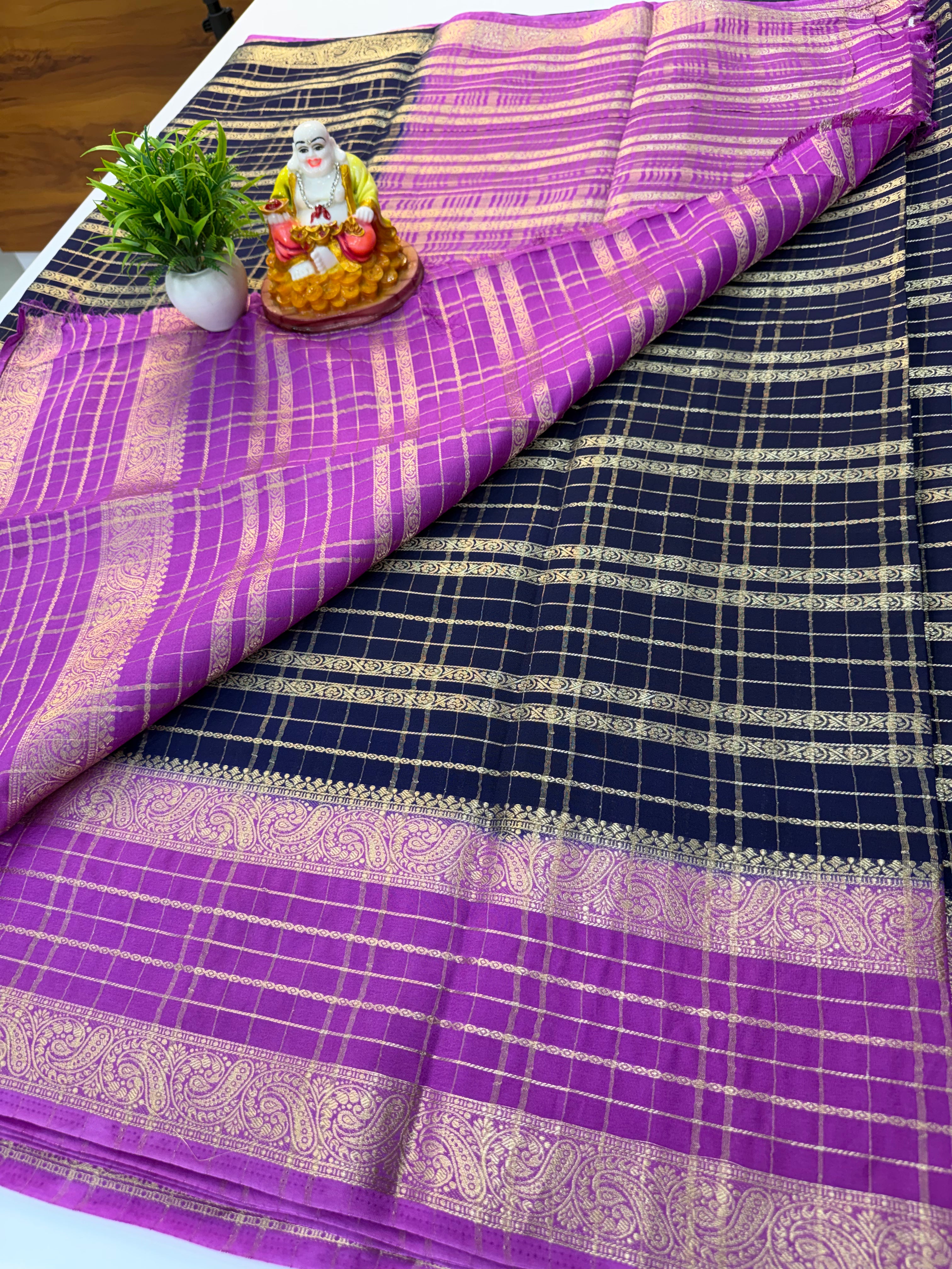 Mysore Crepe Silk Saree with Beautiful Stripes & Checks Pattern – By Padmavathi Silks and Sarees