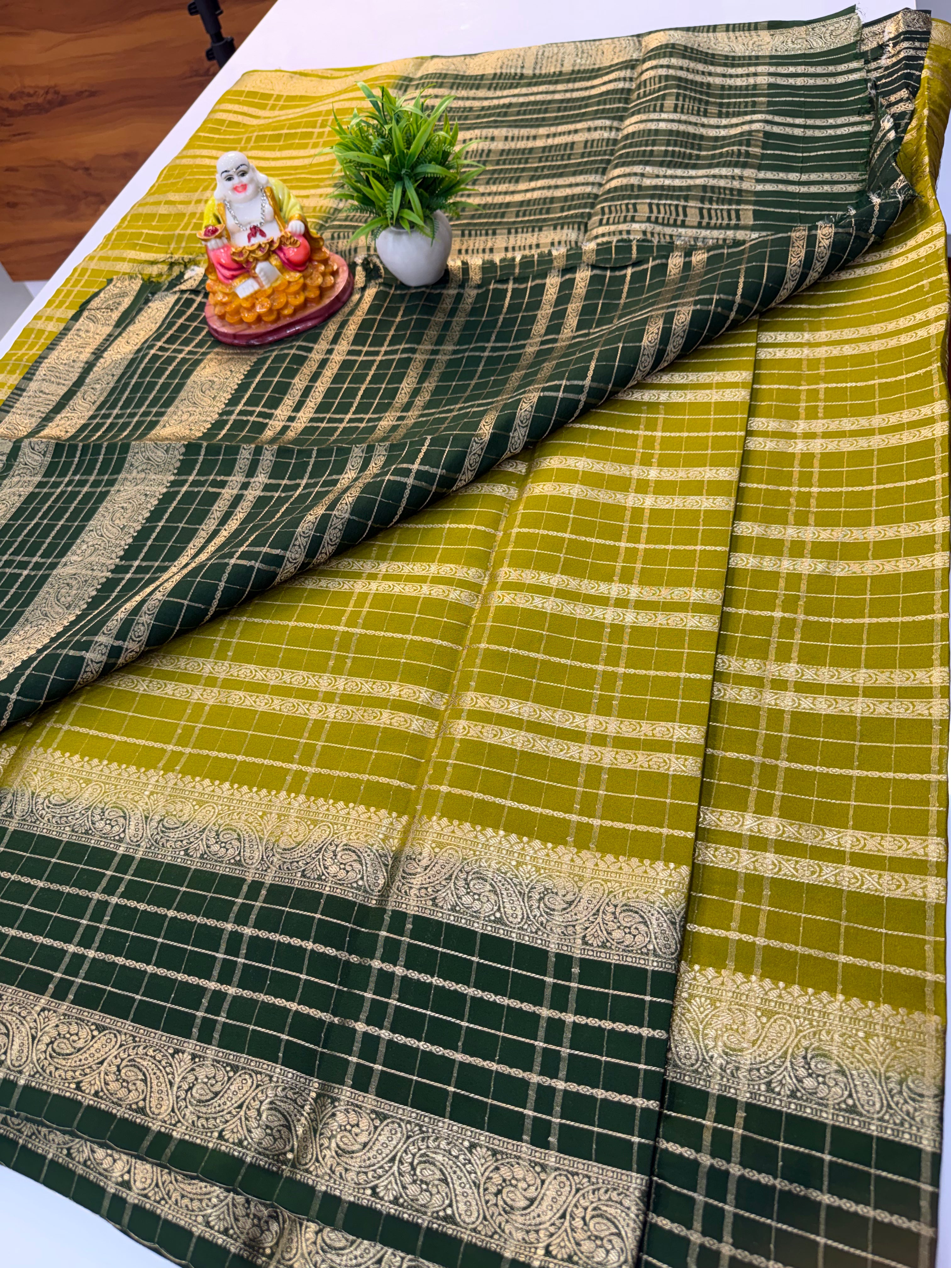 Mysore Crepe Silk Saree with Beautiful Stripes & Checks Pattern – By Padmavathi Silks and Sarees