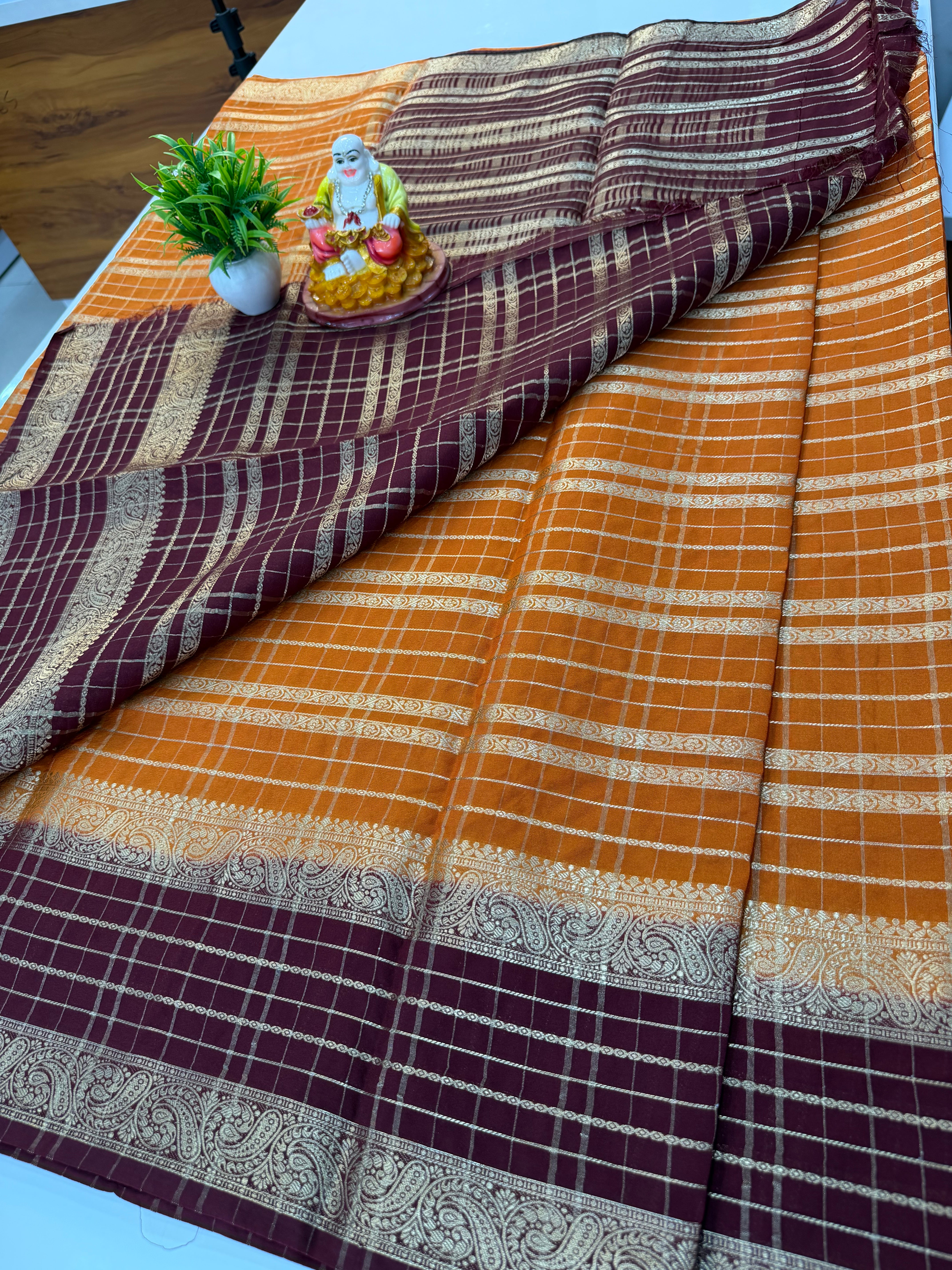 Mysore Crepe Silk Saree with Beautiful Stripes & Checks Pattern – By Padmavathi Silks and Sarees