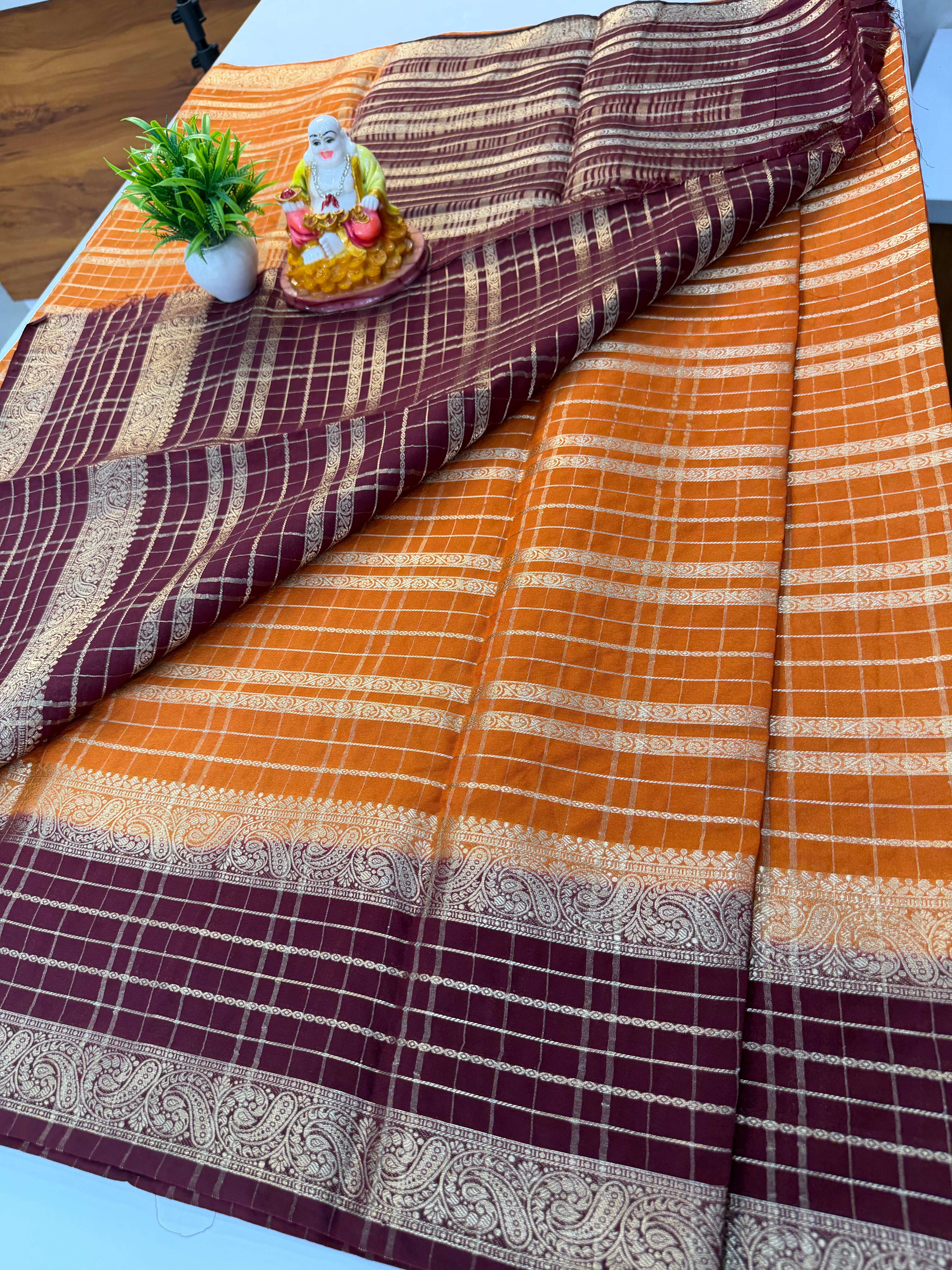 Mysore Crepe Silk Saree with Beautiful Stripes & Checks Pattern – By Padmavathi Silks and Sarees