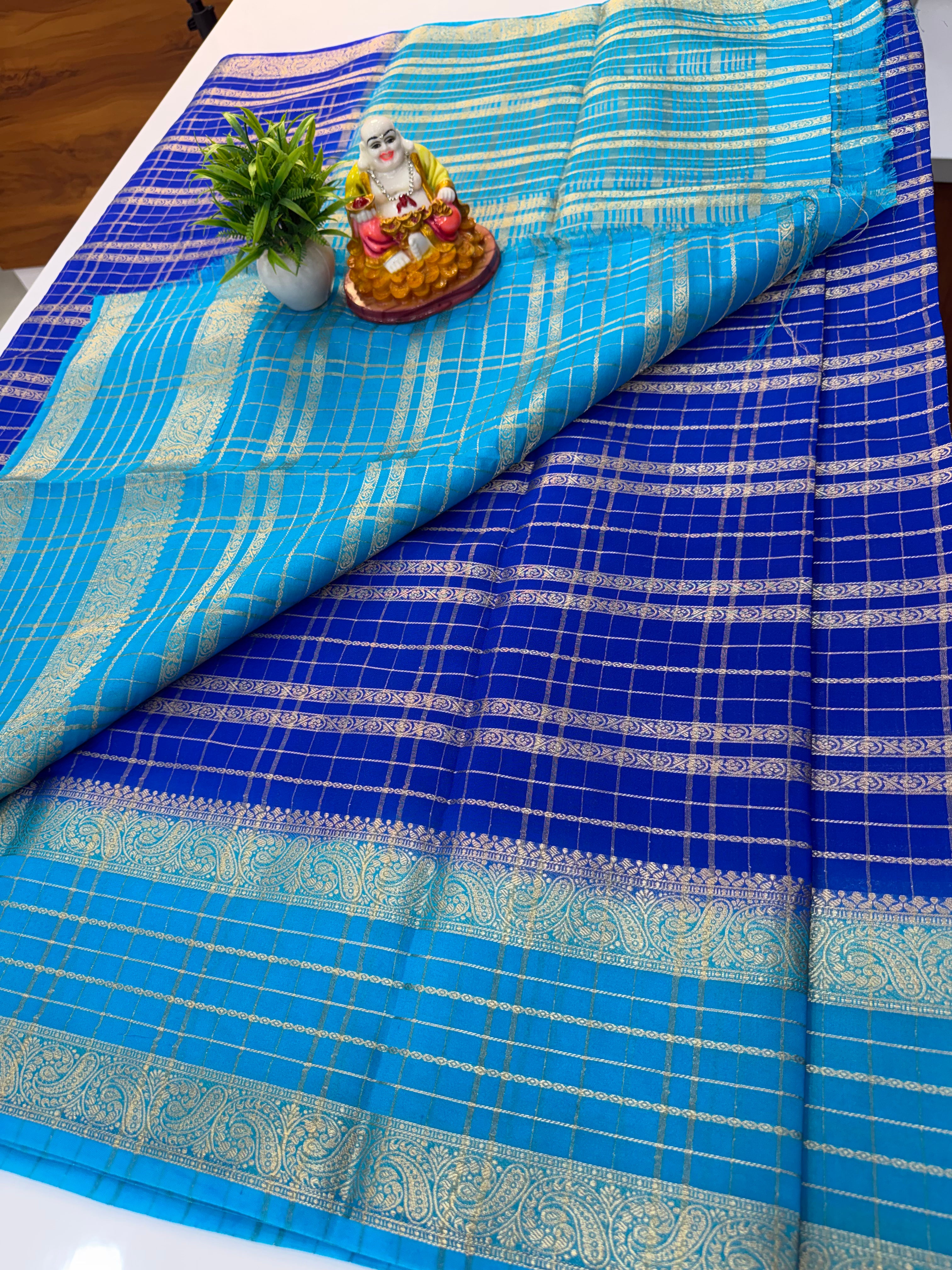 Mysore Crepe Silk Saree with Beautiful Stripes & Checks Pattern – By Padmavathi Silks and Sarees