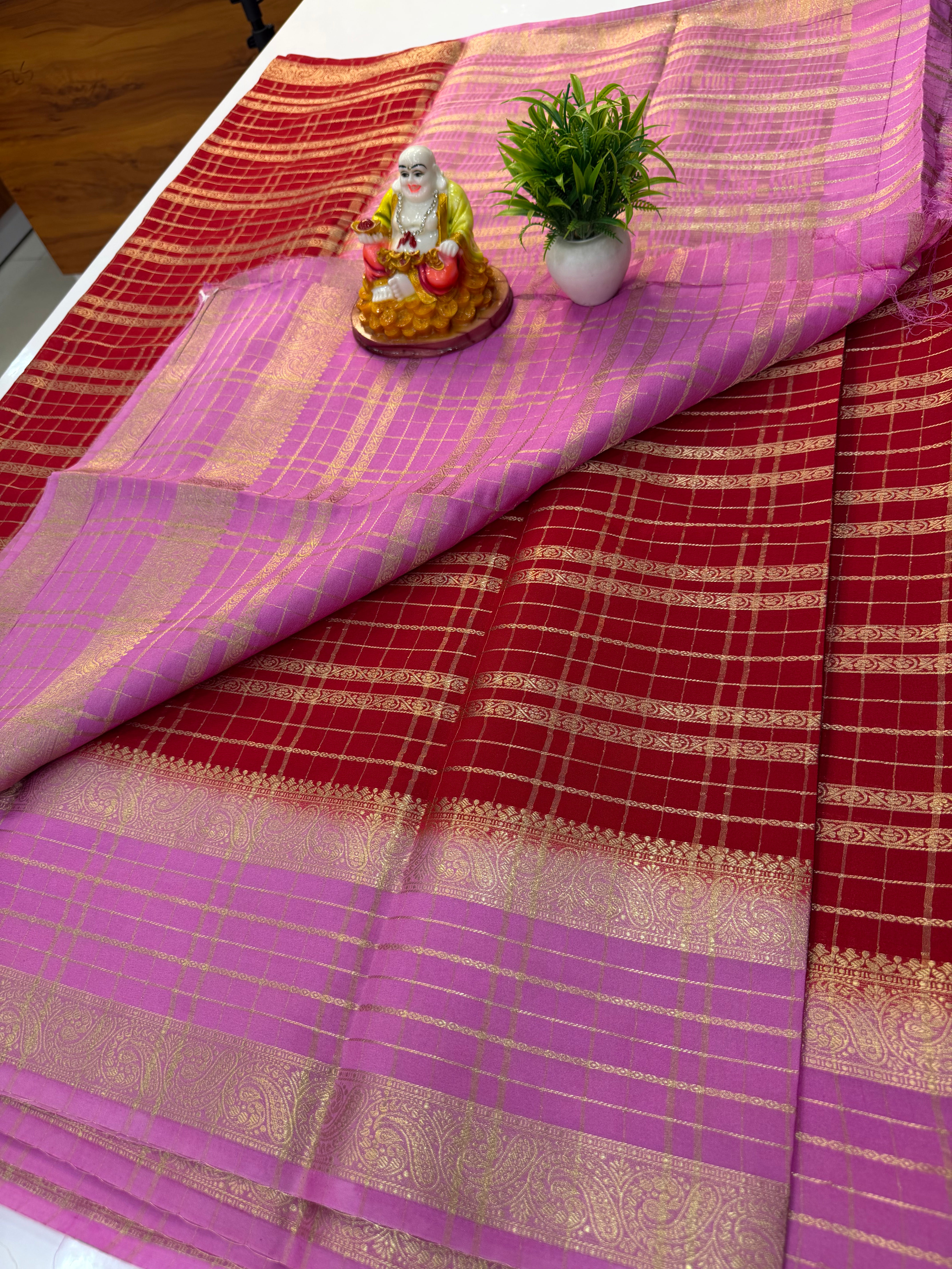 Mysore Crepe Silk Saree with Beautiful Stripes & Checks Pattern – By Padmavathi Silks and Sarees