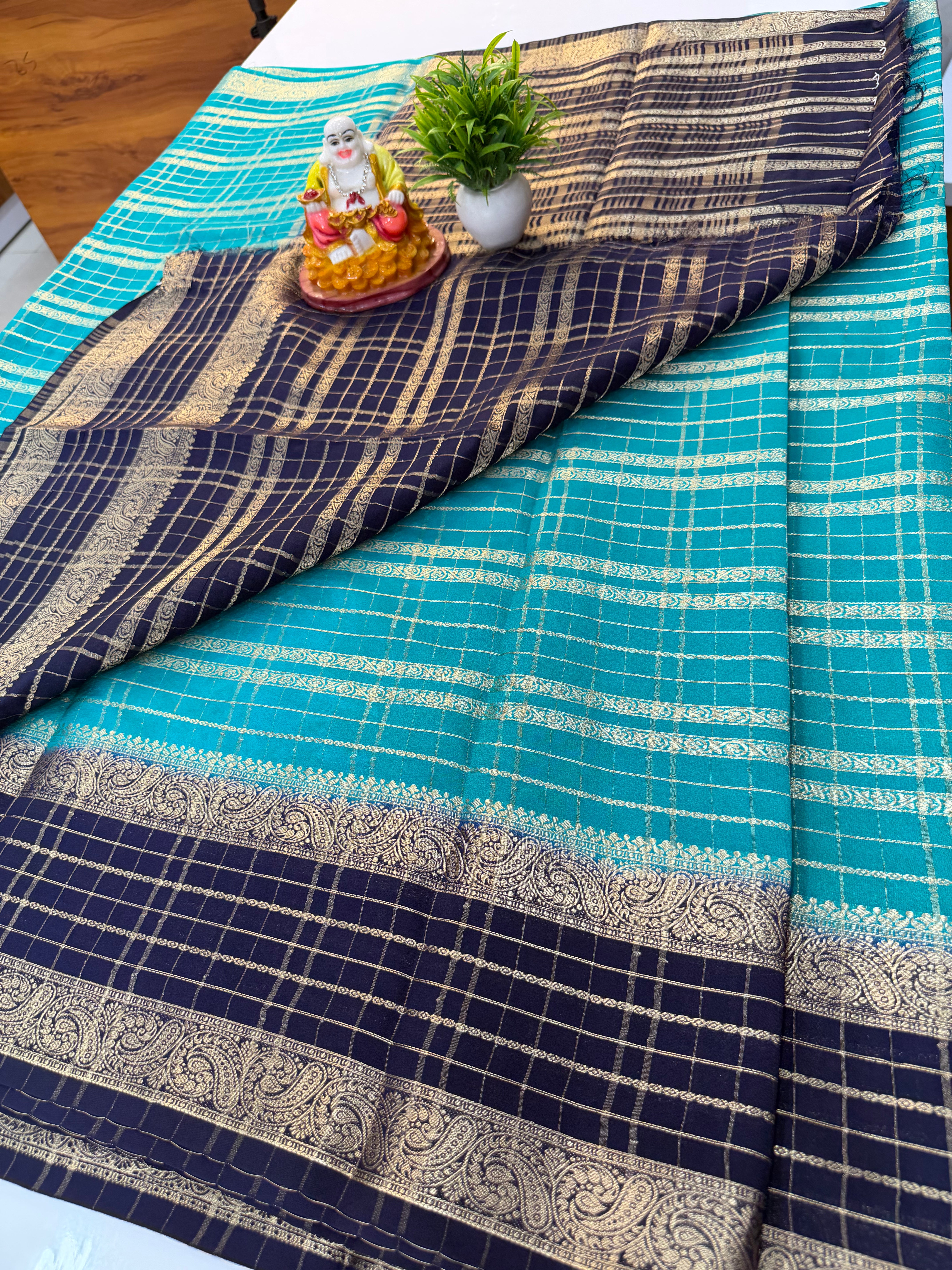 Mysore Crepe Silk Saree with Beautiful Stripes & Checks Pattern – By Padmavathi Silks and Sarees