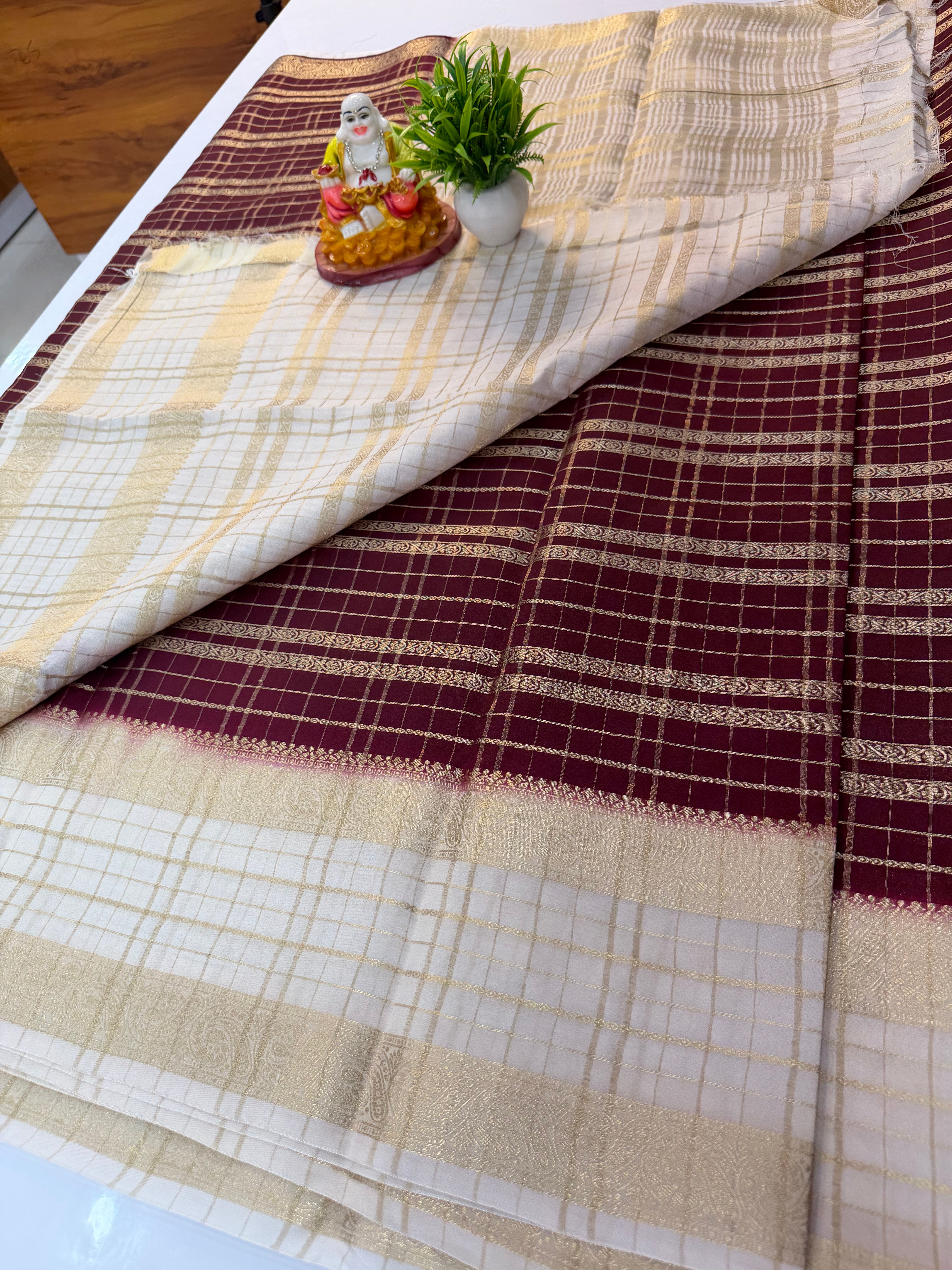 Mysore Crepe Silk Saree with Beautiful Stripes & Checks Pattern – By Padmavathi Silks and Sarees