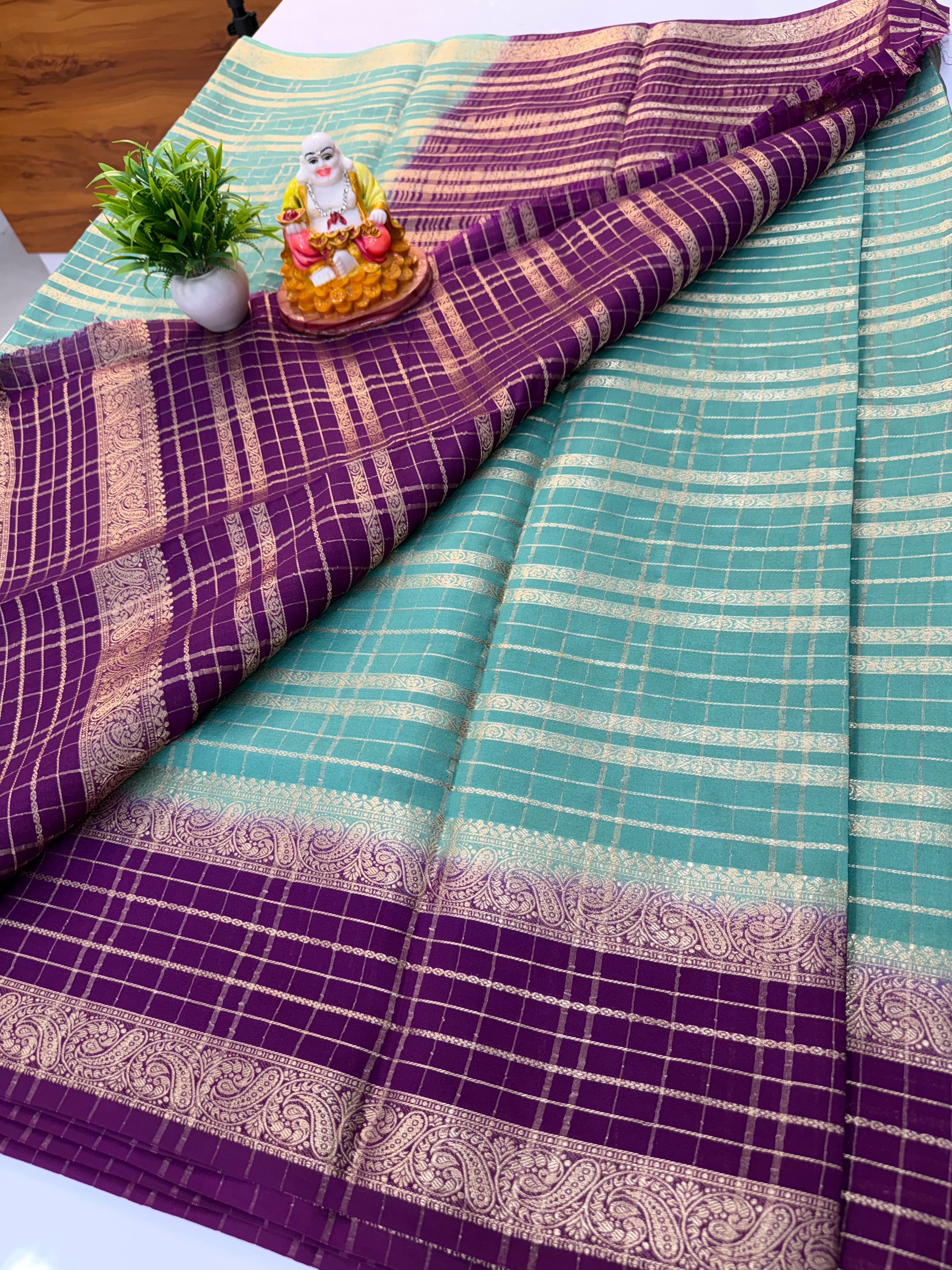 Mysore Crepe Silk Saree with Beautiful Stripes & Checks Pattern – By Padmavathi Silks and Sarees