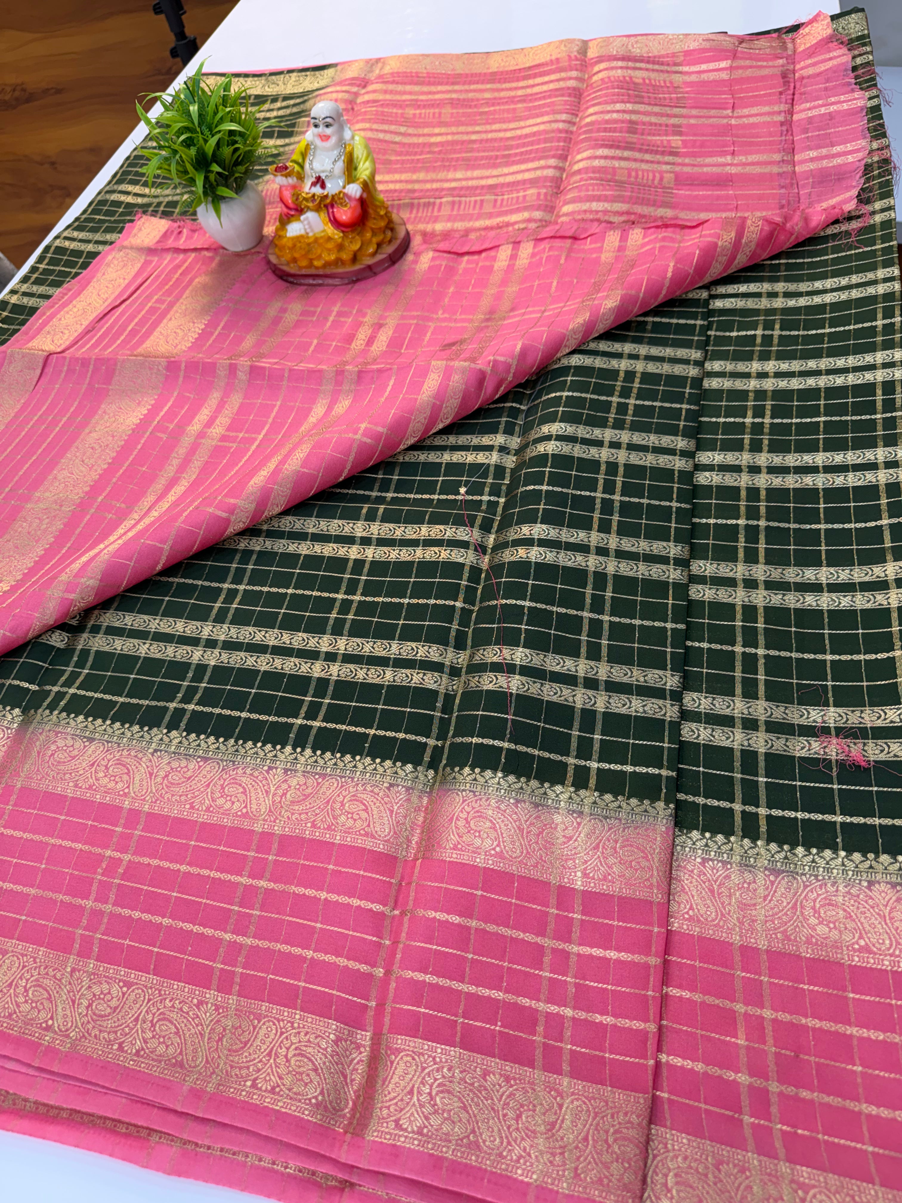 Mysore Crepe Silk Saree with Beautiful Stripes & Checks Pattern – By Padmavathi Silks and Sarees
