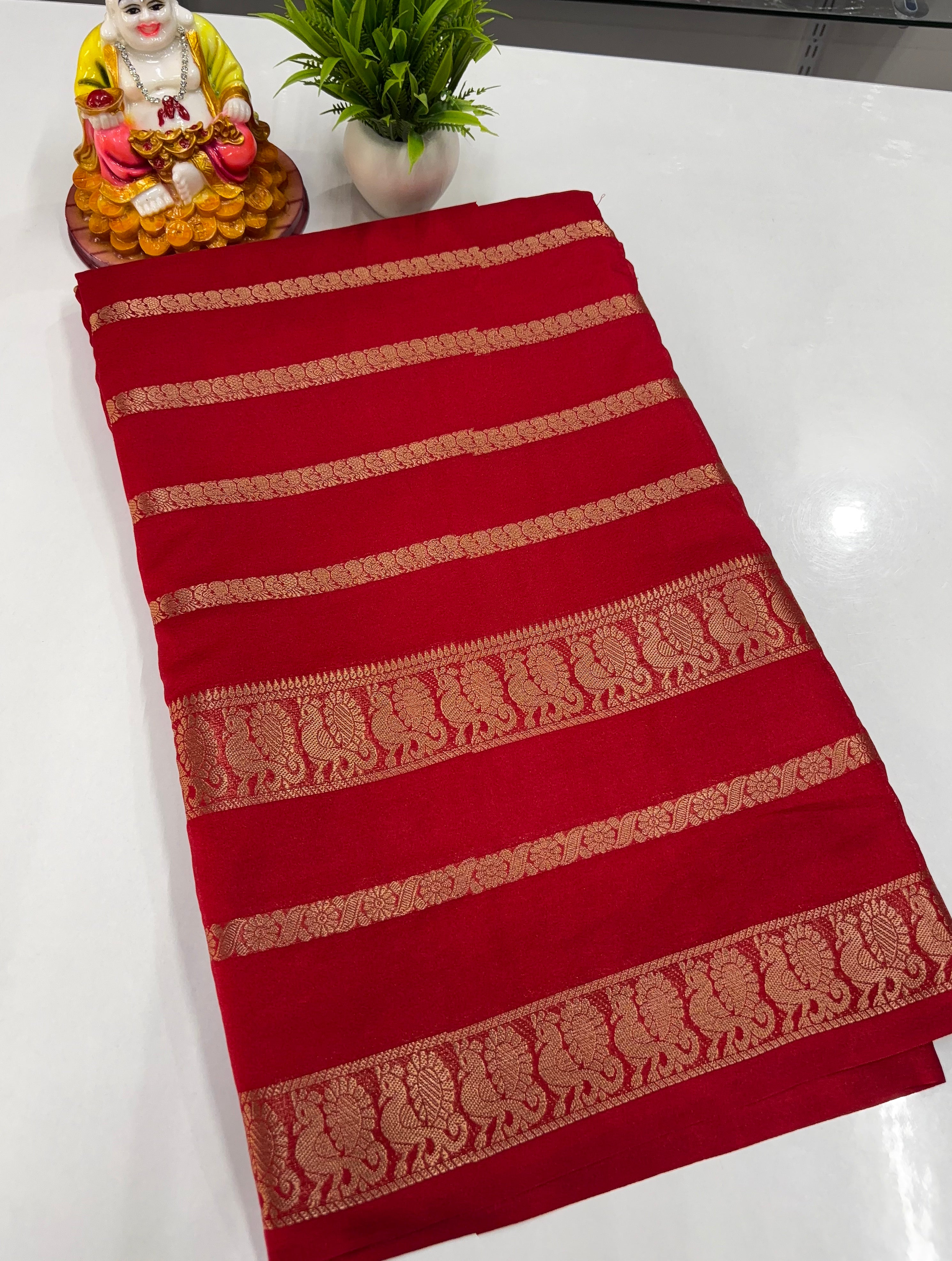 Mysore Crepe Silk Saree with Elegant Peacock Design – Crafted by Padmavathi Silks & Sarees 🌸