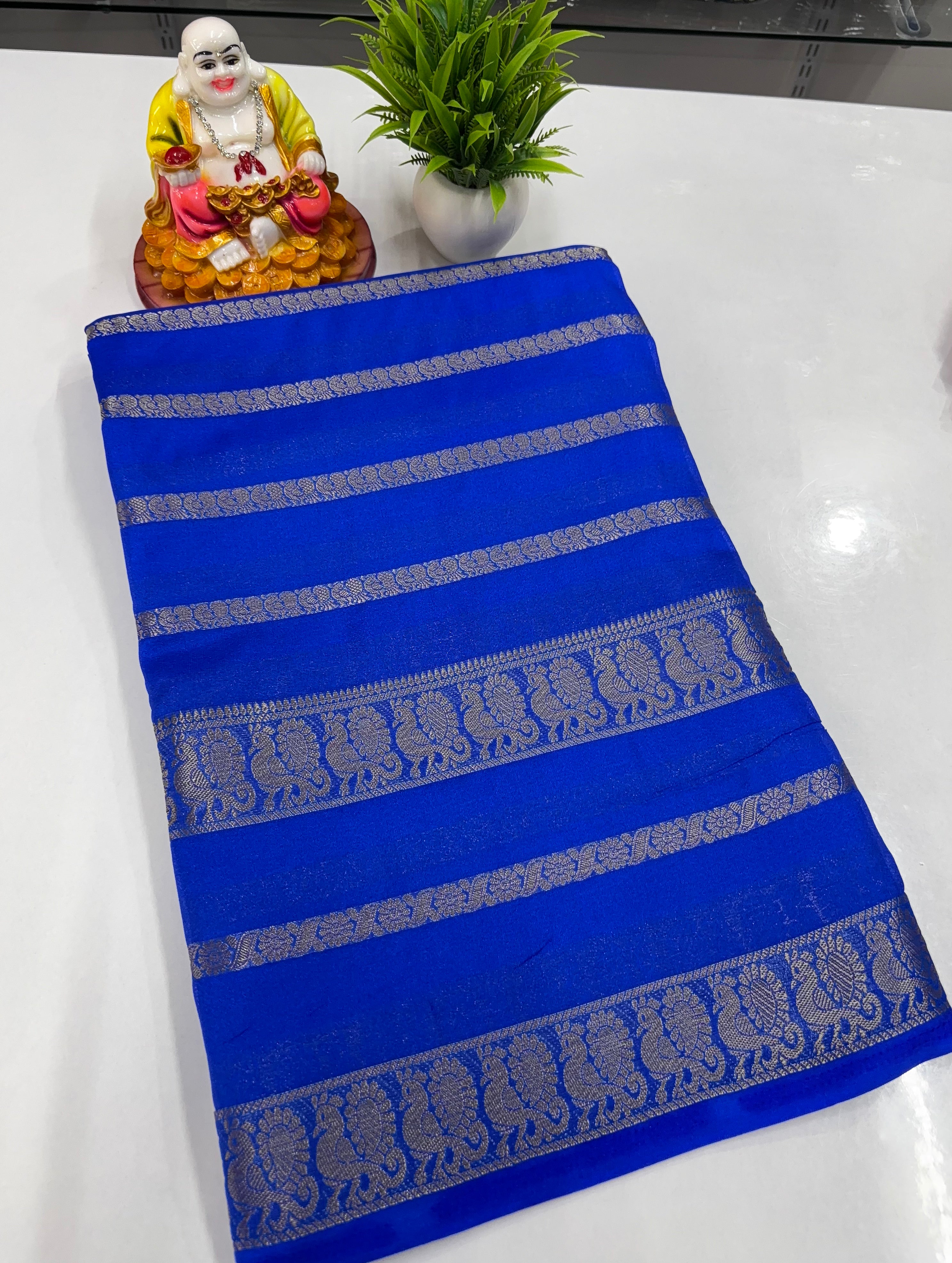 Mysore Crepe Silk Saree with Elegant Peacock Design – Crafted by Padmavathi Silks & Sarees 🌸