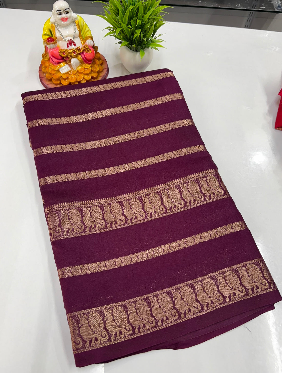 Mysore Crepe Silk Saree with Elegant Peacock Design – Crafted by Padmavathi Silks & Sarees 🌸