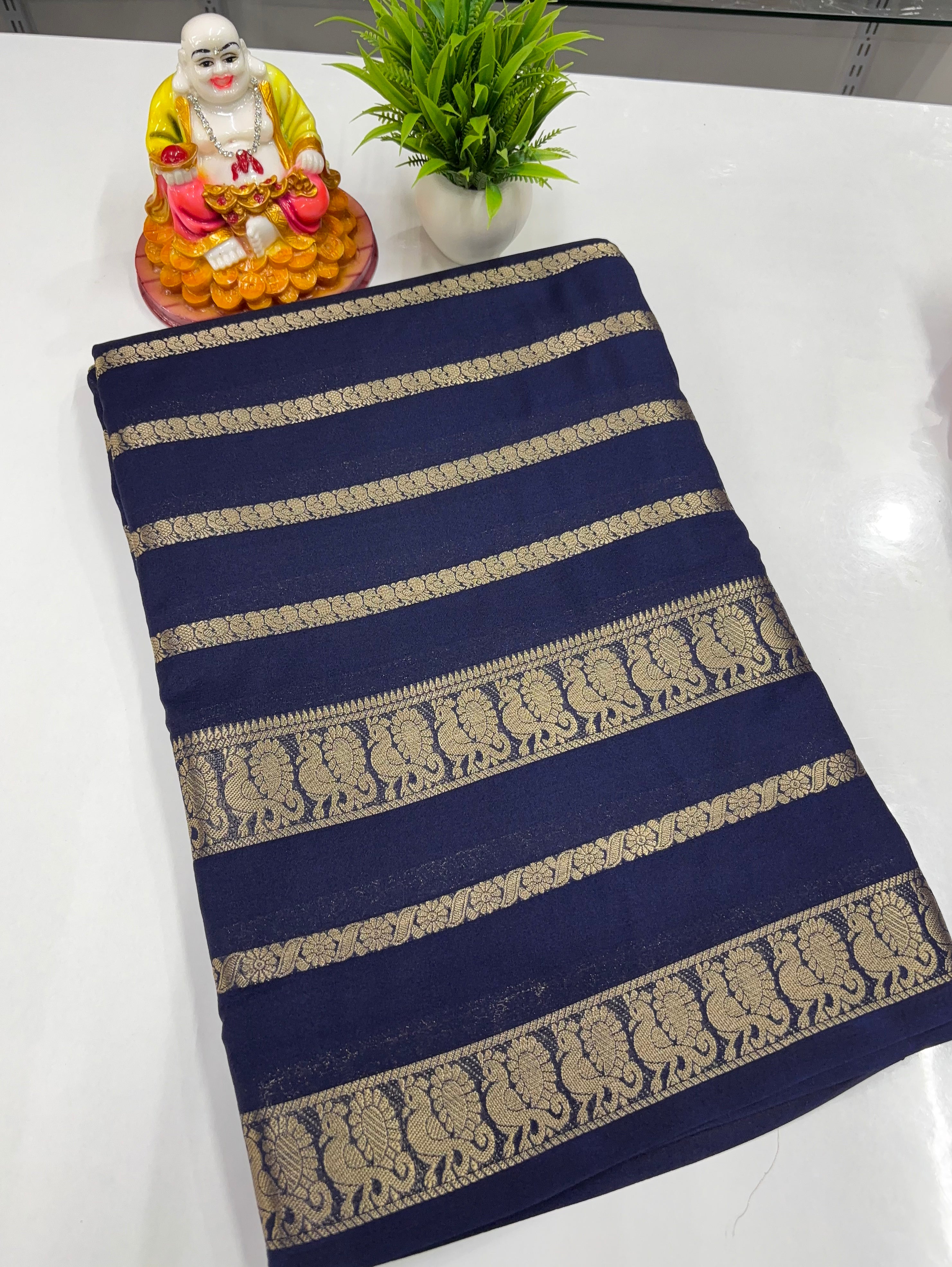 Mysore Crepe Silk Saree with Elegant Peacock Design – Crafted by Padmavathi Silks & Sarees 🌸