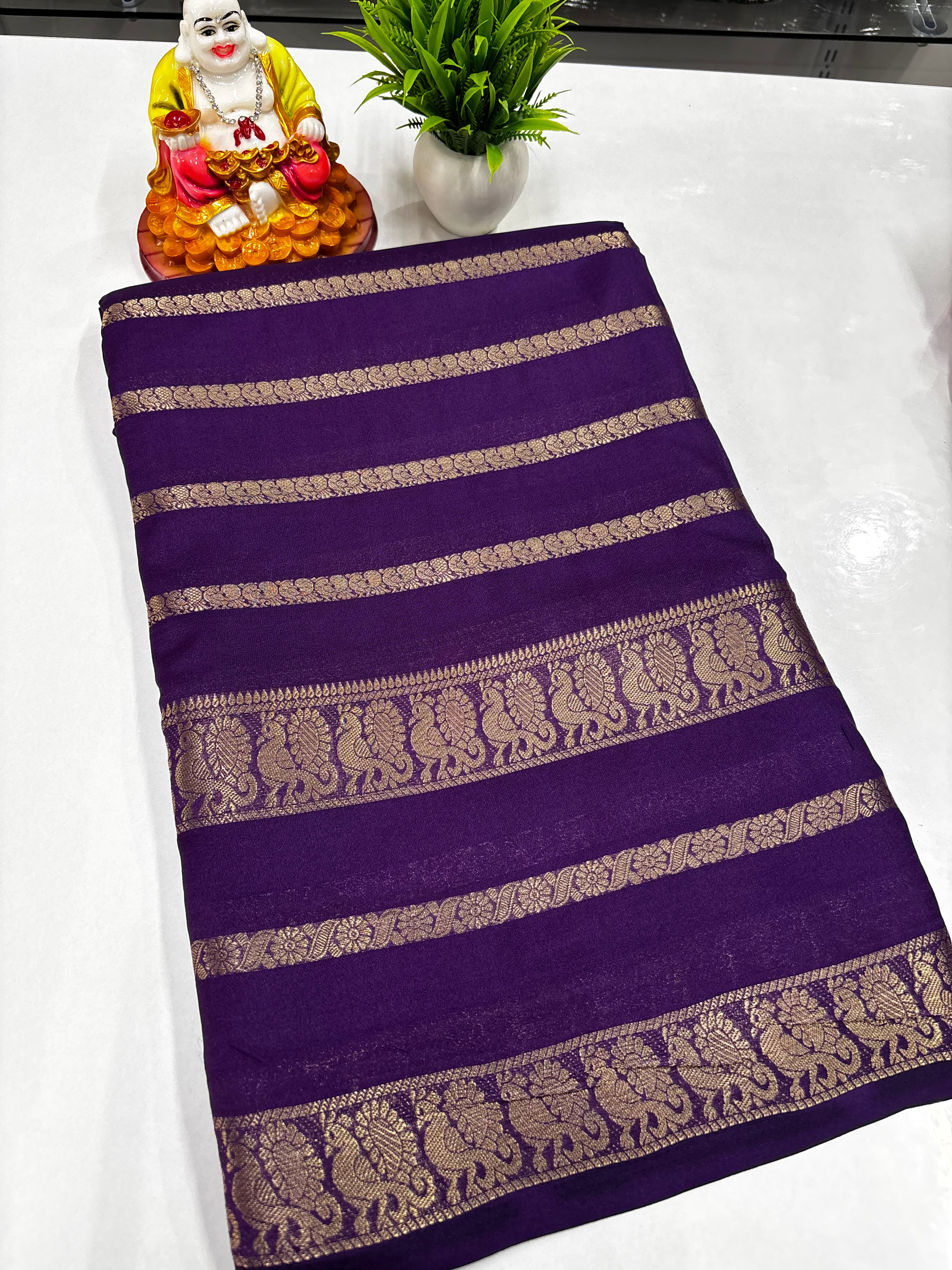 Mysore Crepe Silk Saree with Elegant Peacock Design – Crafted by Padmavathi Silks & Sarees 🌸