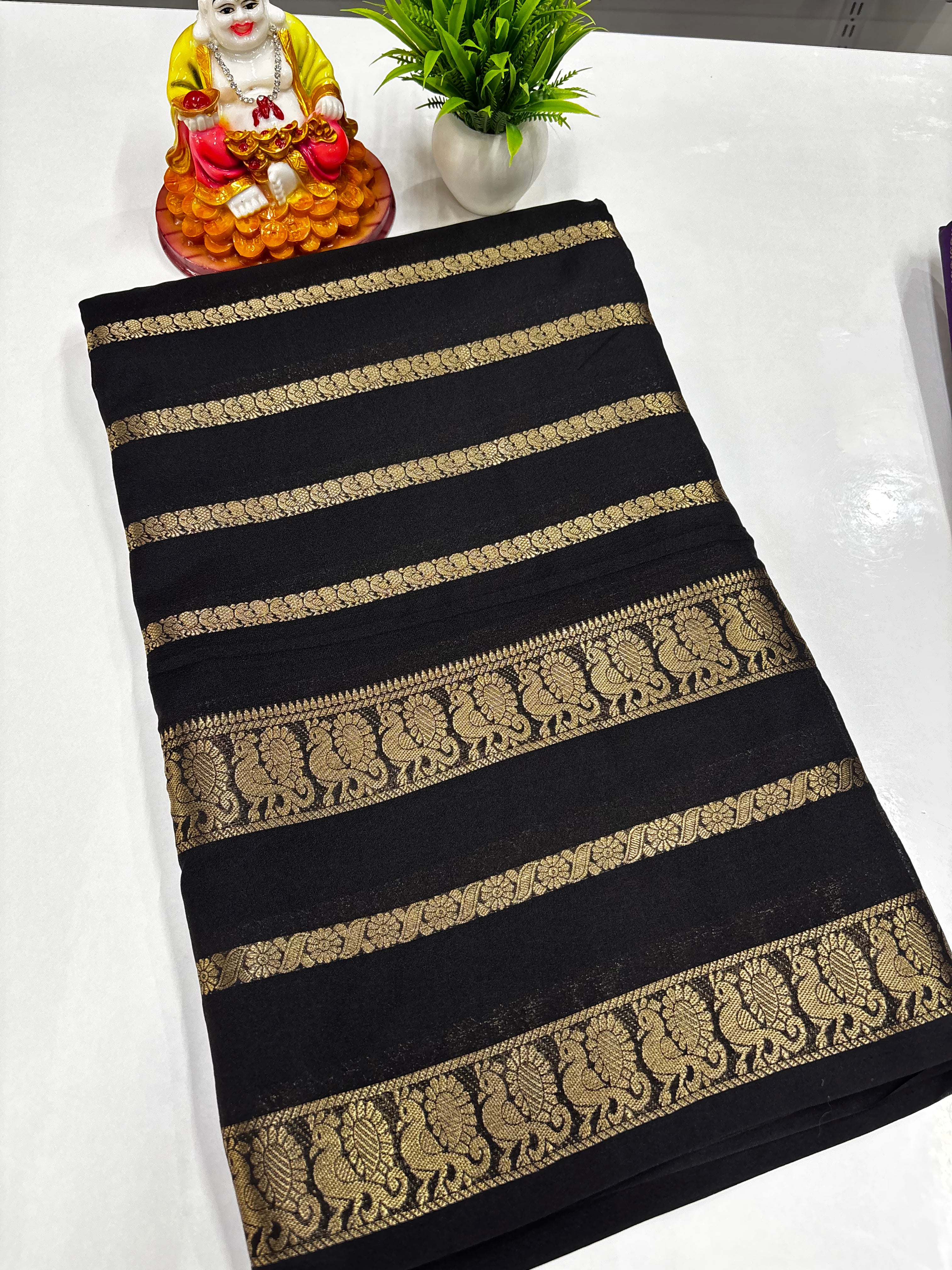 Mysore Crepe Silk Saree with Elegant Peacock Design – Crafted by Padmavathi Silks & Sarees 🌸