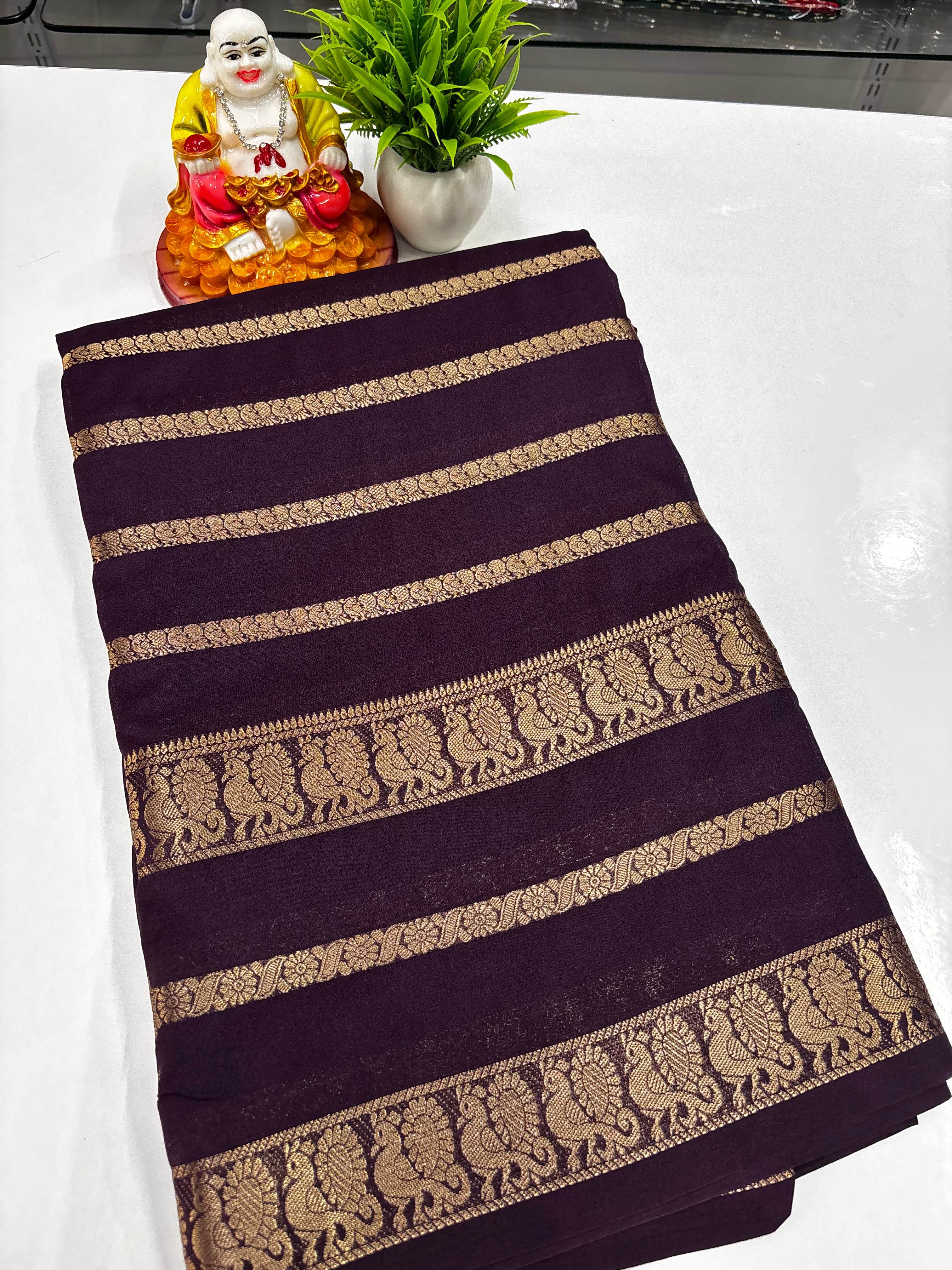 Mysore Crepe Silk Saree with Elegant Peacock Design – Crafted by Padmavathi Silks & Sarees 🌸