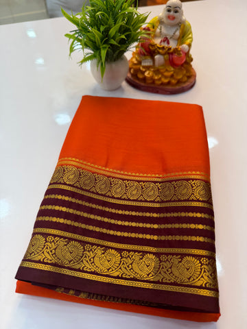 Mysore Crepe Silk Saree with Peacock and Mango Border – Shopify Product Description