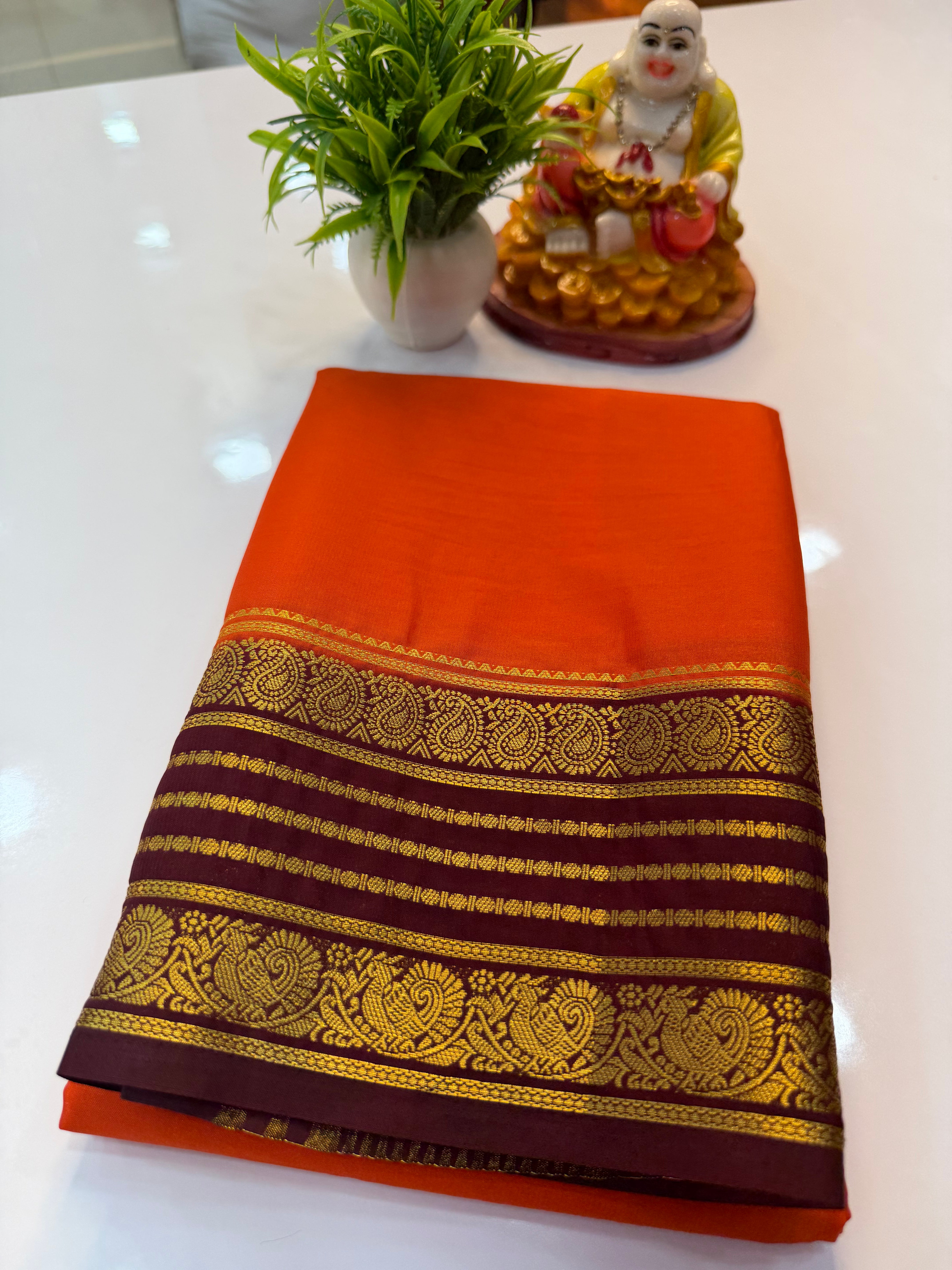 Mysore Crepe Silk Saree with Peacock and Mango Border – Shopify Product Description