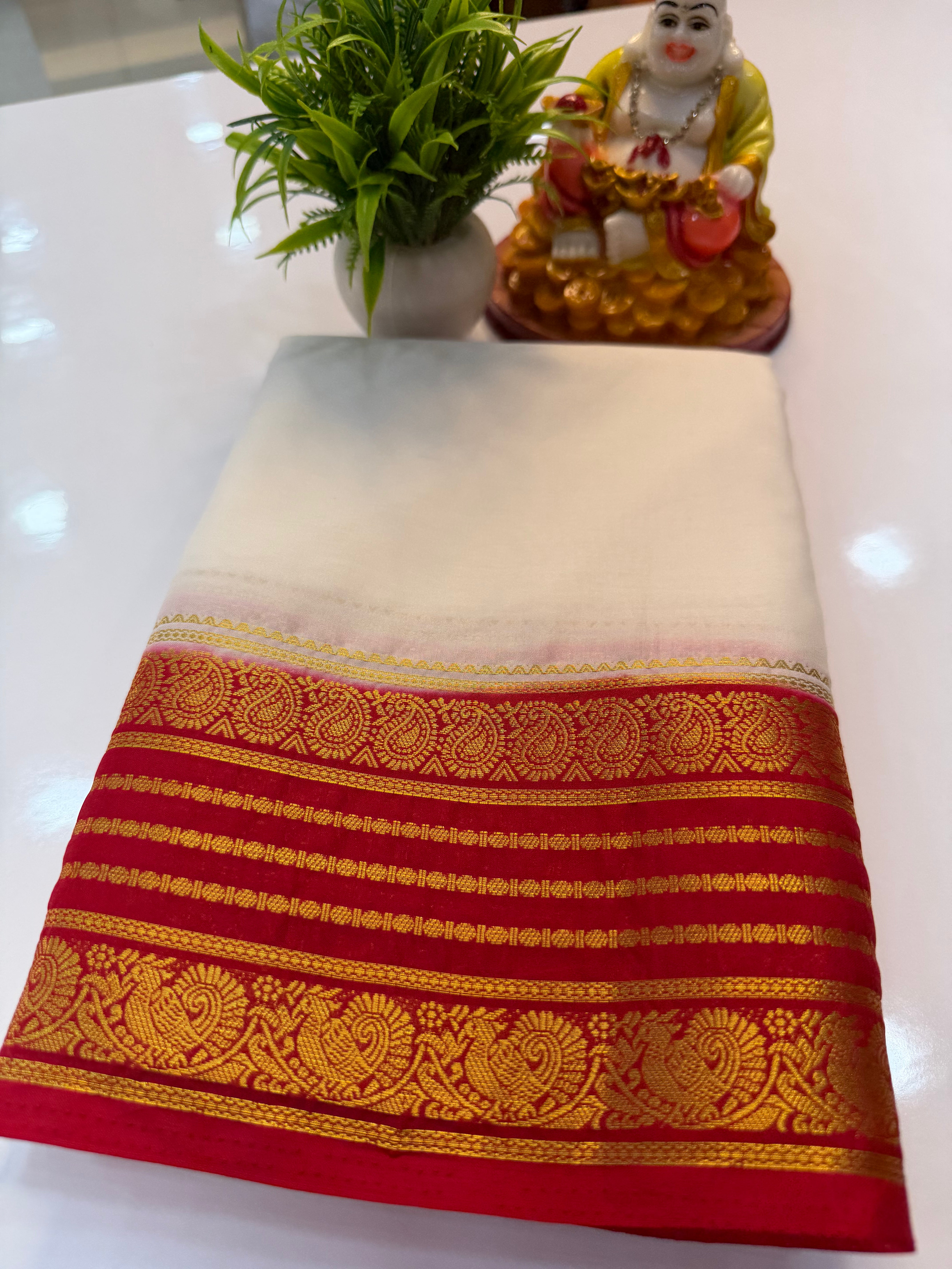 Mysore Crepe Silk Saree with Peacock and Mango Border – Shopify Product Description