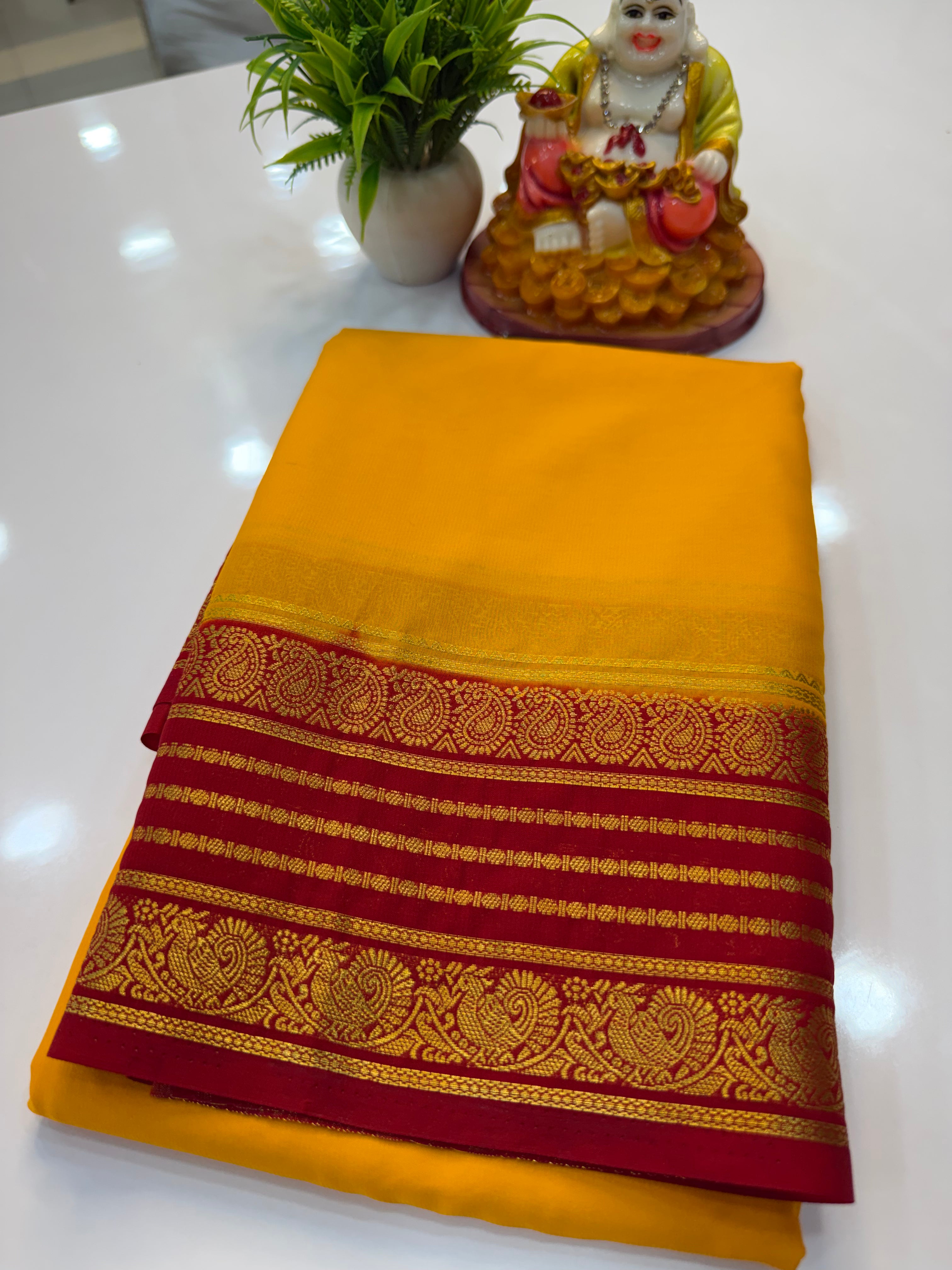 Mysore Crepe Silk Saree with Peacock and Mango Border – Shopify Product Description