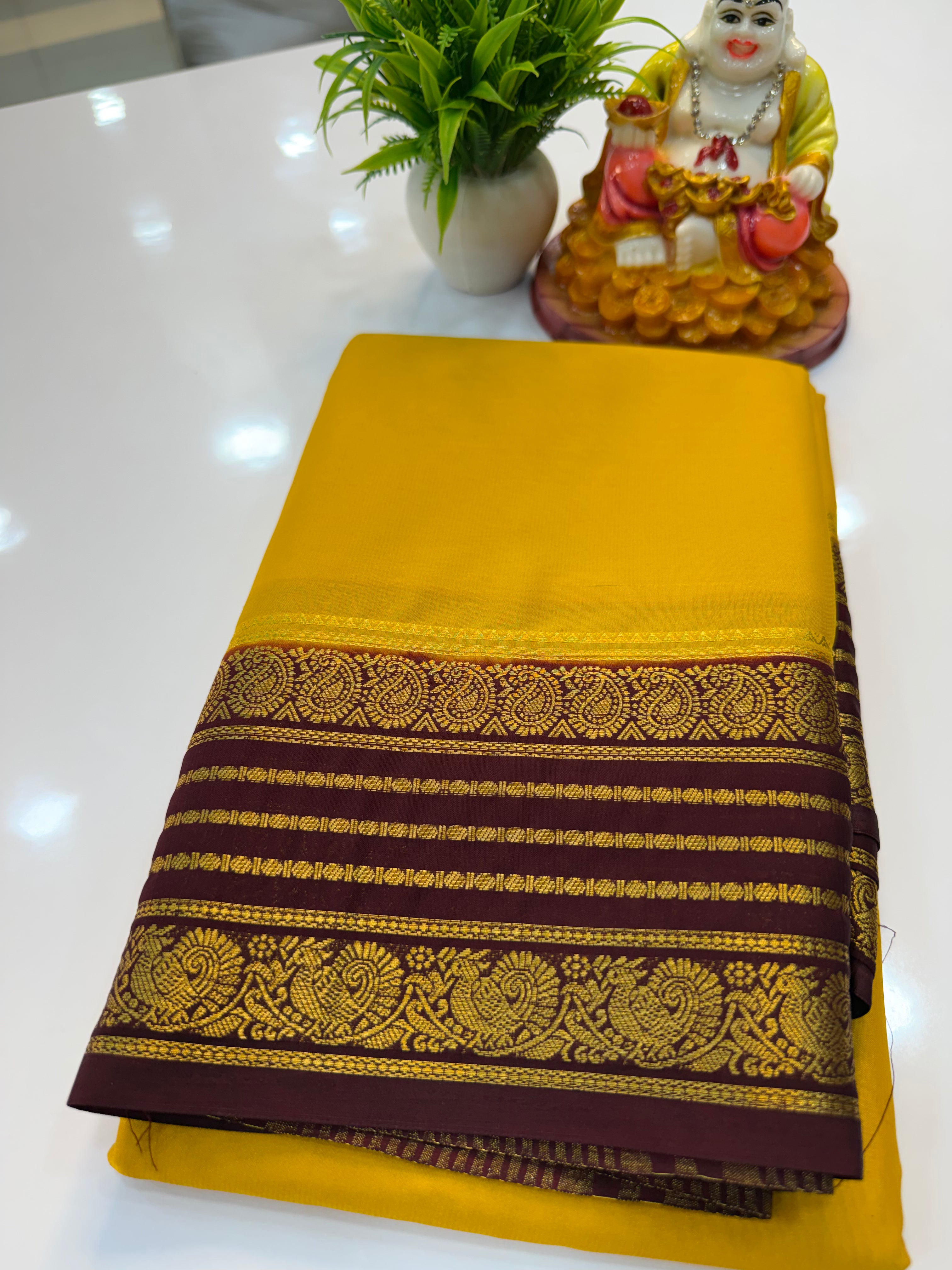 Mysore Crepe Silk Saree with Peacock and Mango Border – Shopify Product Description