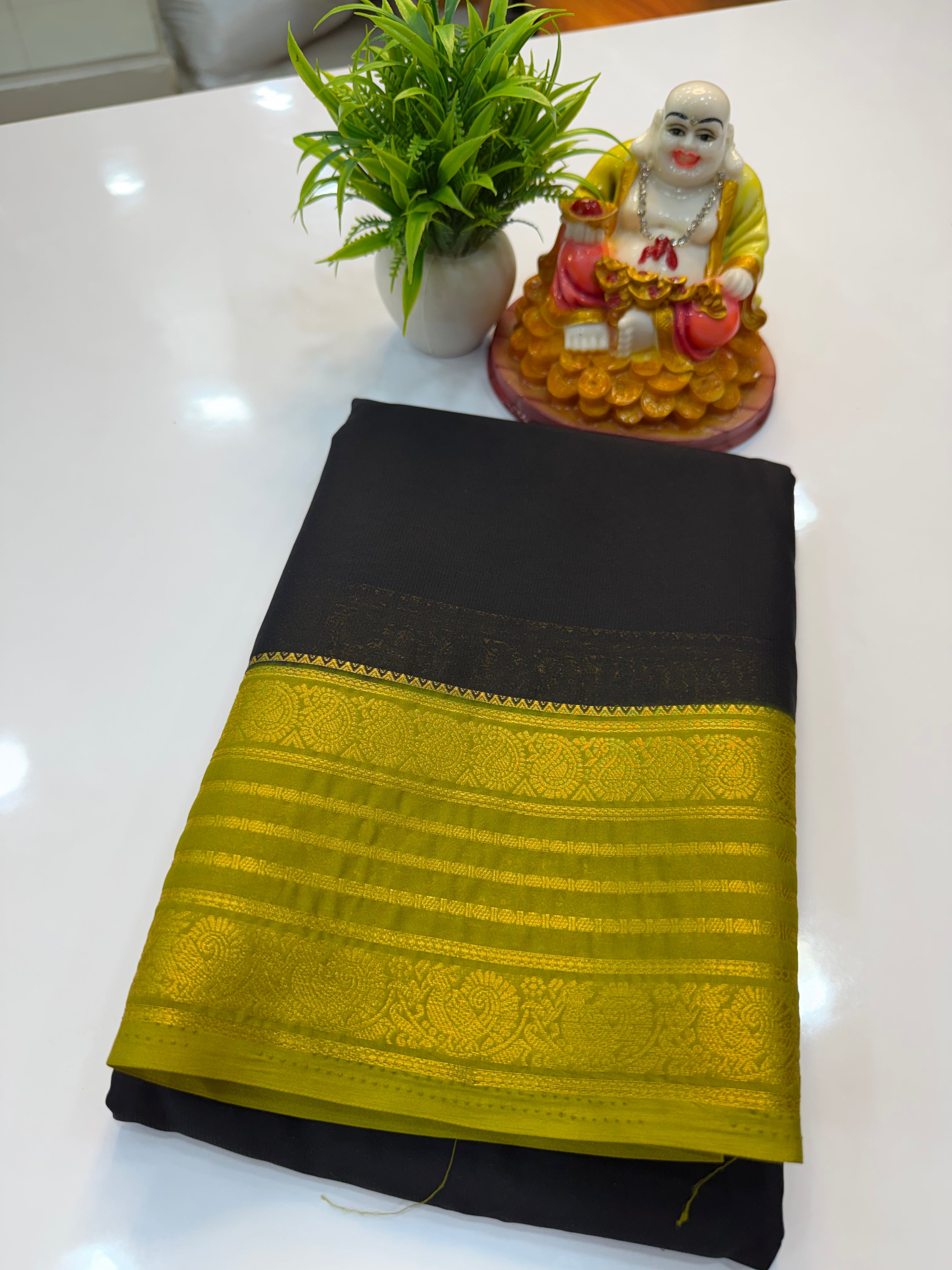 Mysore Crepe Silk Saree with Peacock and Mango Border – Shopify Product Description