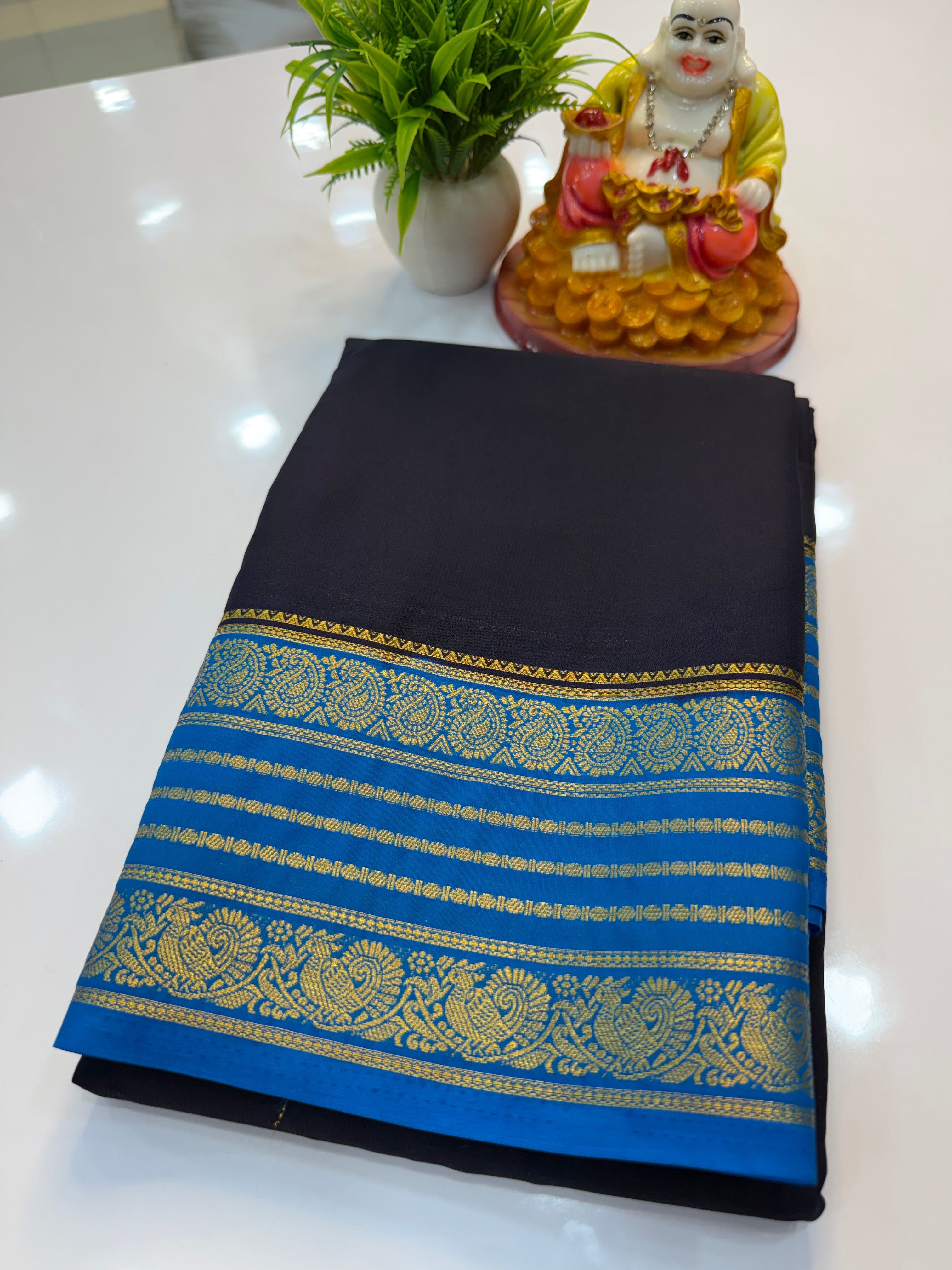 Mysore Crepe Silk Saree with Peacock and Mango Border – Shopify Product Description