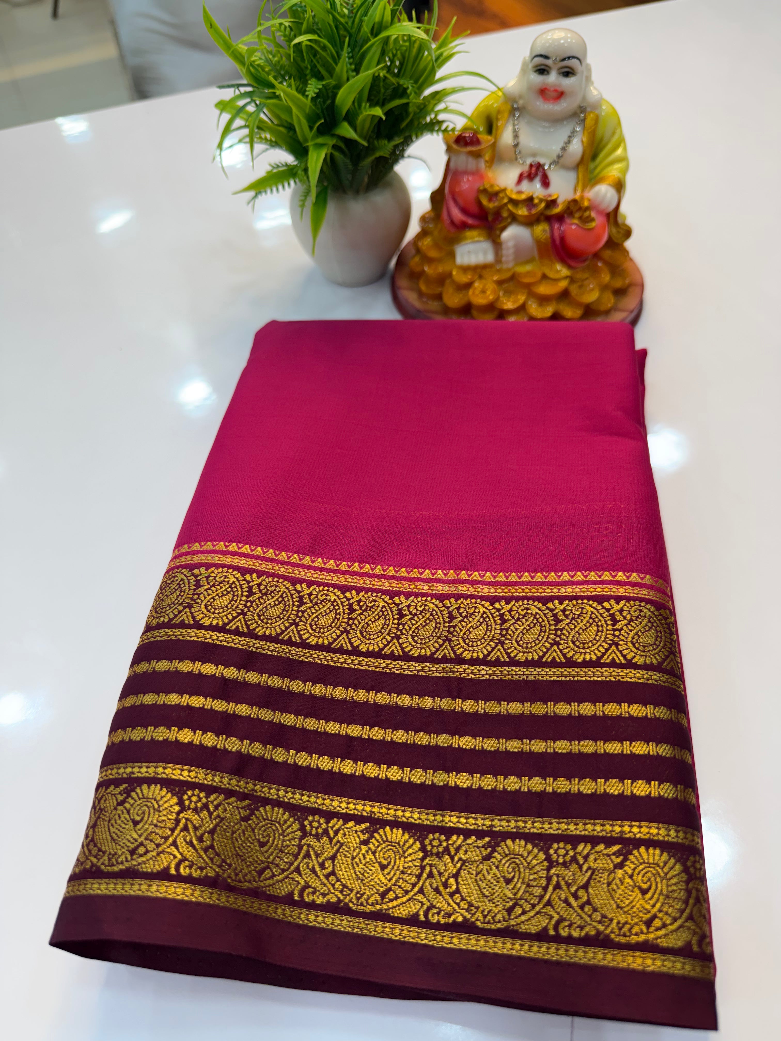Mysore Crepe Silk Saree with Peacock and Mango Border – Shopify Product Description