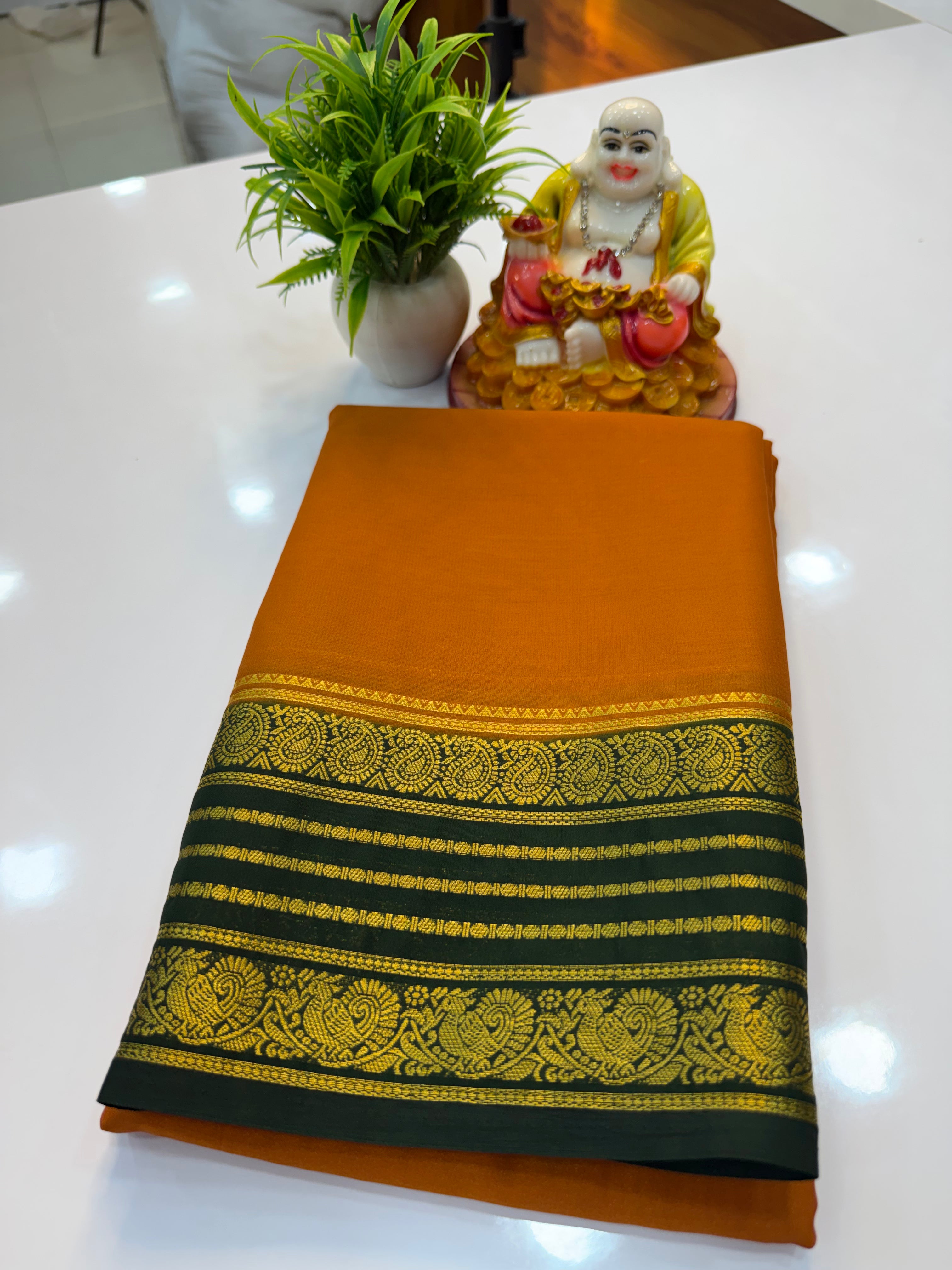 Mysore Crepe Silk Saree with Peacock and Mango Border – Shopify Product Description